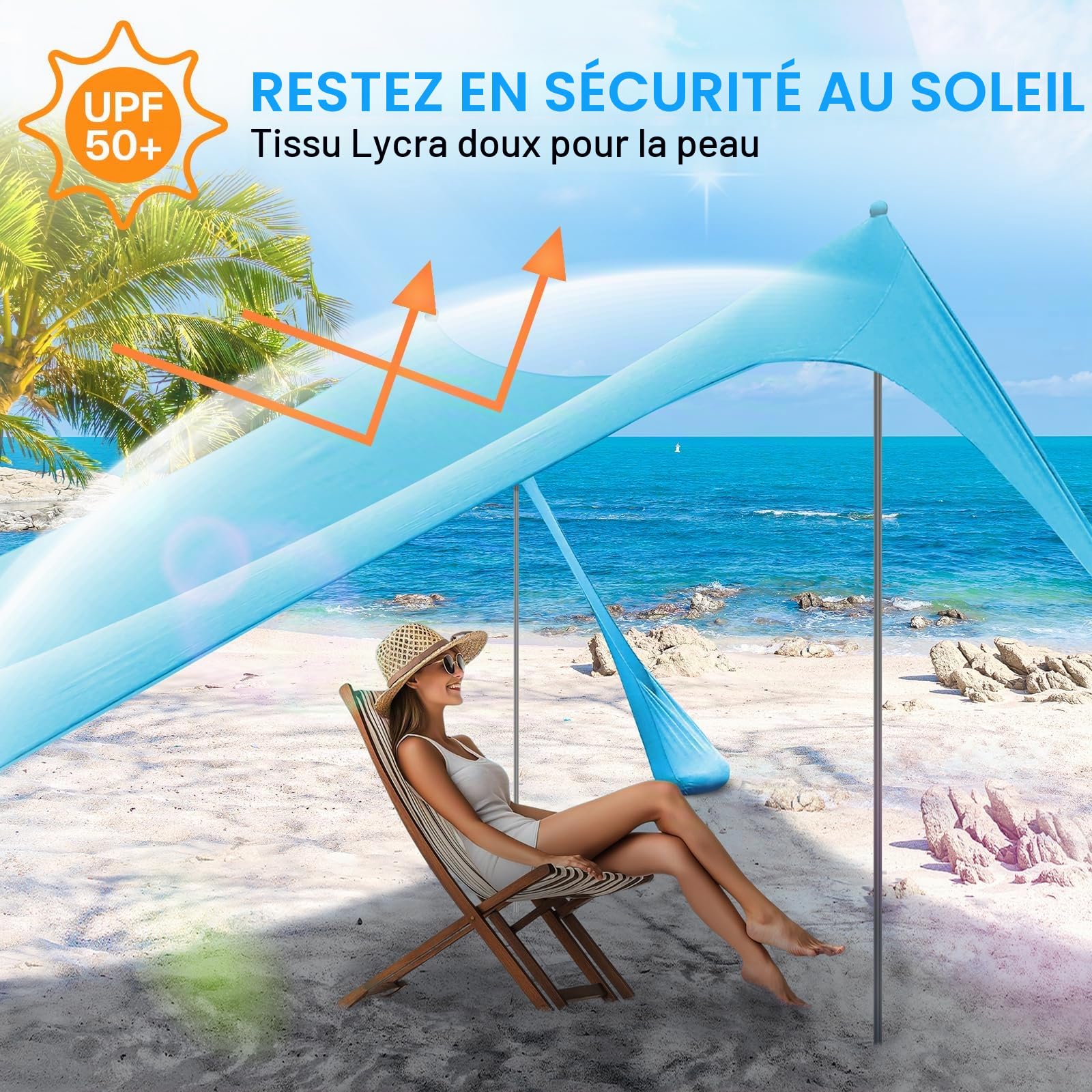 Sportneer Tente de Plage UPF50+ de 3 m avec 4 poteaux de stabilité, Pelle à Sable et piquets de Sol, Pare-Soleil d'extérieur Portable pour Plage, Camping, événements Sportifs, arrière-Cour
