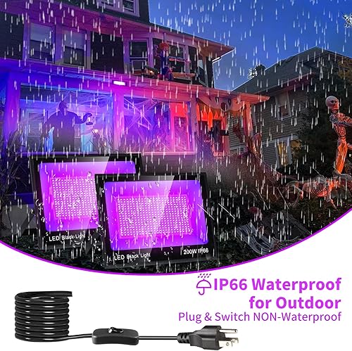 Miniatura 5 de Paquete de 2 luces LED negras mejoradas de 200 W con cable de 10 pies, luz de inundación de luz negra impermeable IP66 para exteriores con