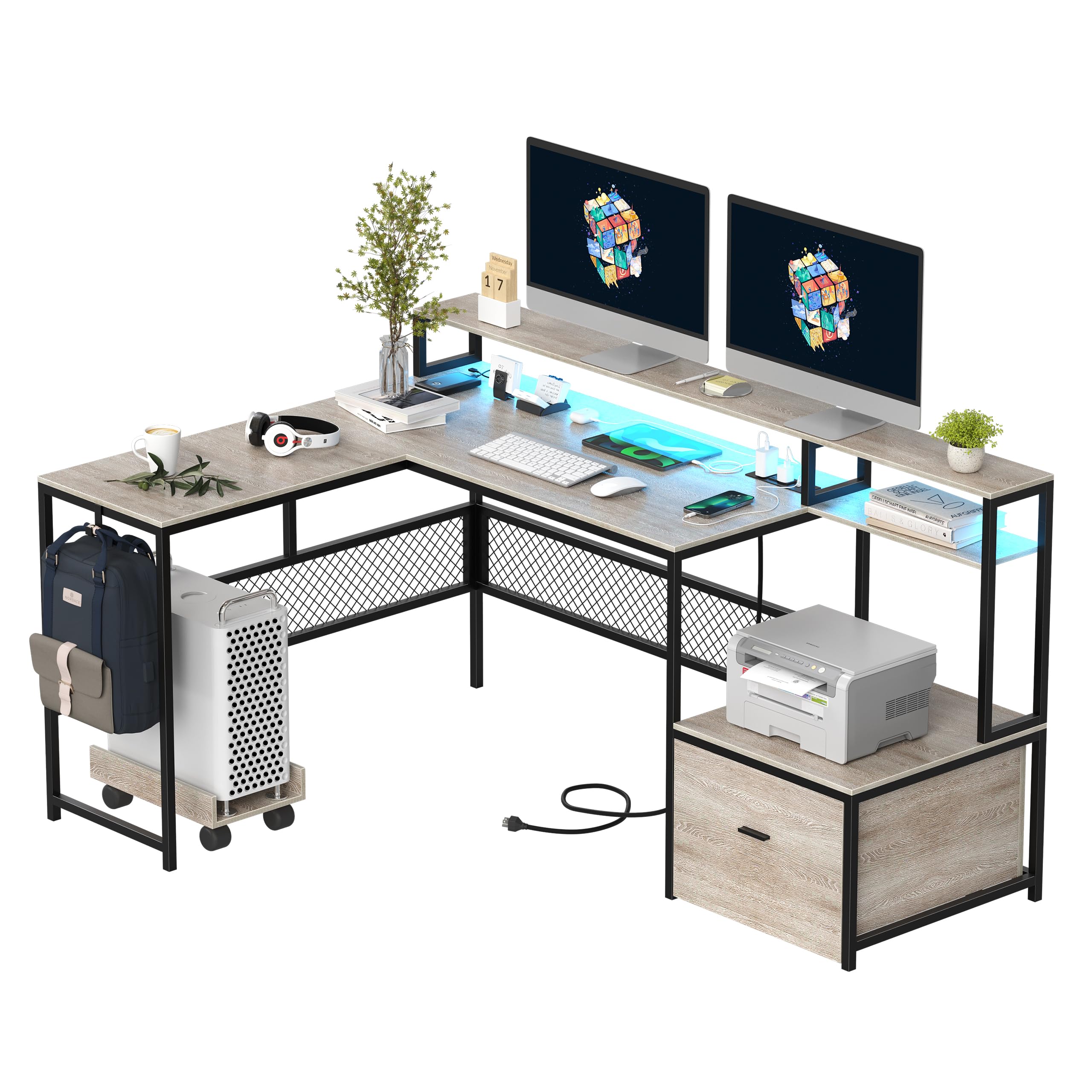 AYEASY L Shaped Desk with Drawers, 66" Home Office Desk with Power Outlet and Led Strip, Computer Desk with Storage Shelves & Monitor Stand, Large