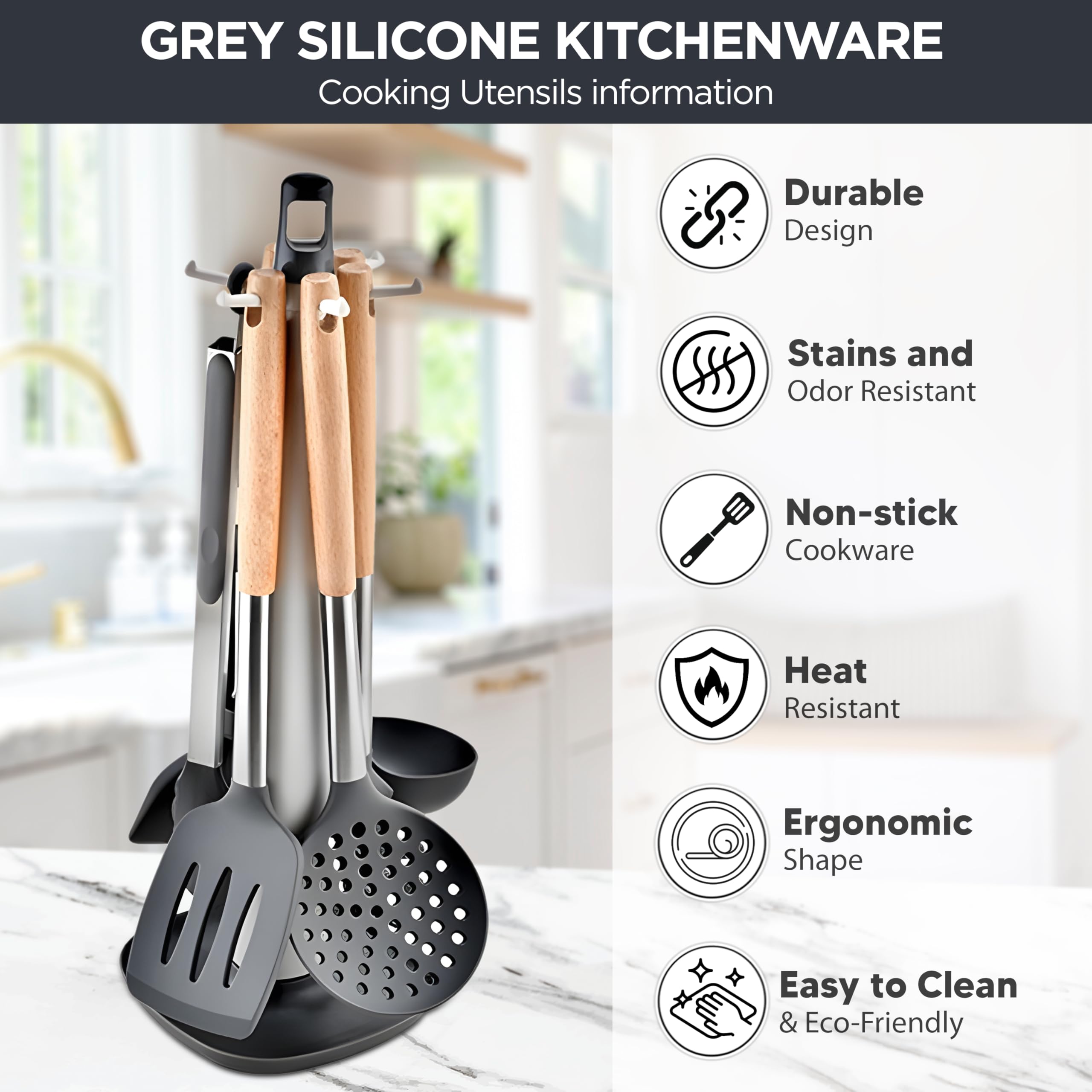 Silicone Cooking Utensils Set - 446°F Heat Resistant 8 Pcs Cooking Set With Wooden Handles- Non Stick and Non Scratch Silicone Kitchen Spatulas Set