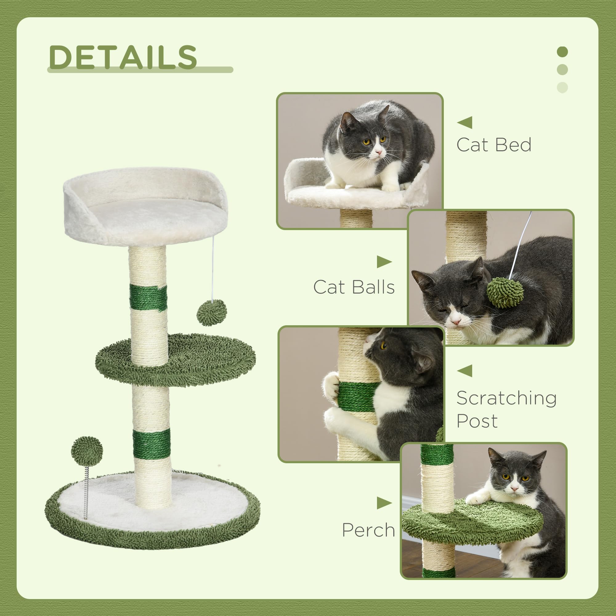 PawHut Arbre à Chat griffoir avec lit 2 balles Vert & Blanc | Plateforme, poteau en sisal, gym pour chat, revêtement chenille & peluche