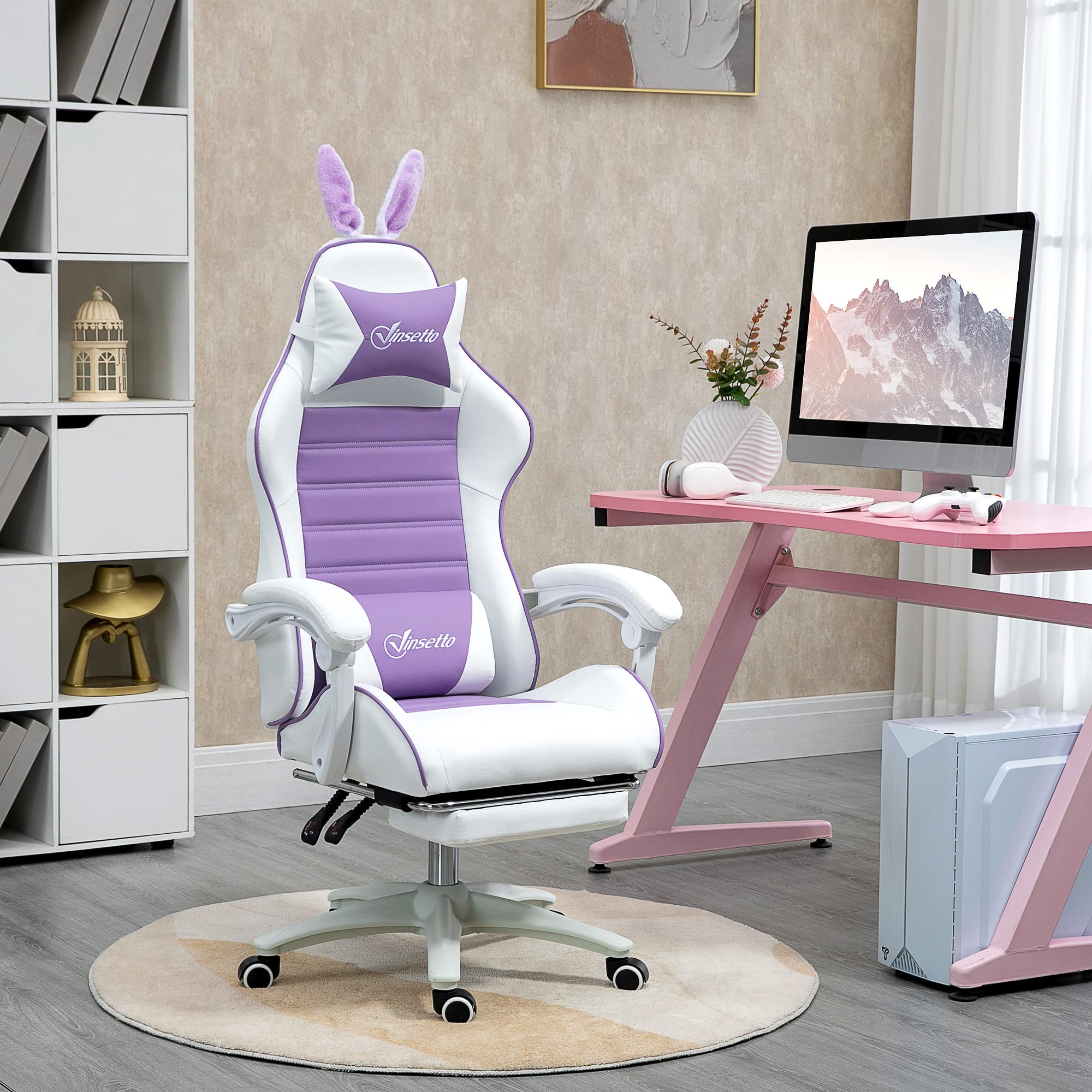 Vinsetto Sedia Gaming Ergonomica Reclinabile con Orecchie da Coniglio Viola | Poltrona Gaming con Poggiapiedi Estraibile, Cuscino Lombare e Poggiatesta, Altezza Regolabile