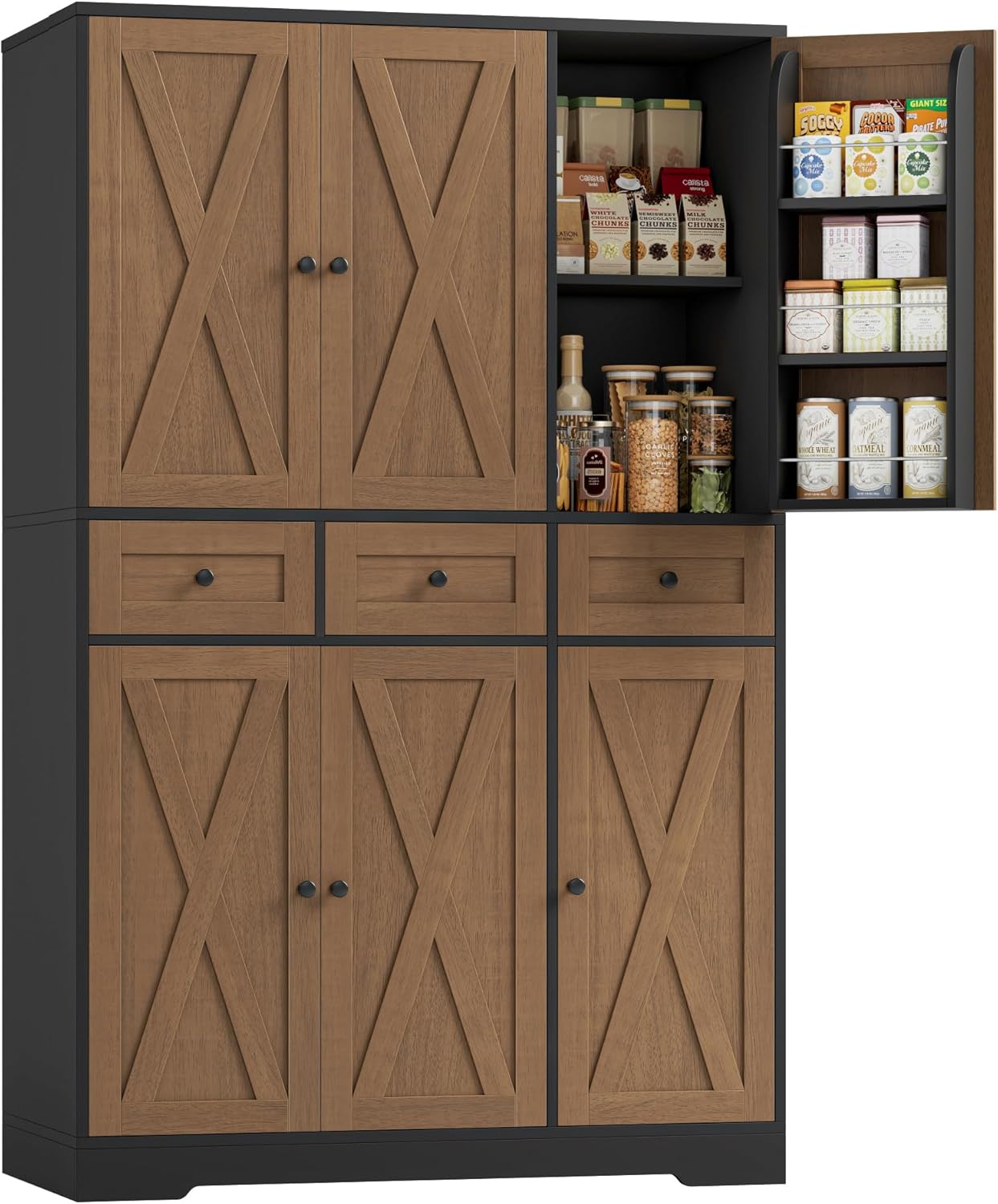 HOSTACK Modern Farmhouse Kitchen Pantry Storage Cabinet, 67" H Kitchen Pantry Cabinet with Barn Doors and Shelves, Freestanding Food Storage Cabinets with Drawers for Dining Room, Living Room, Brown