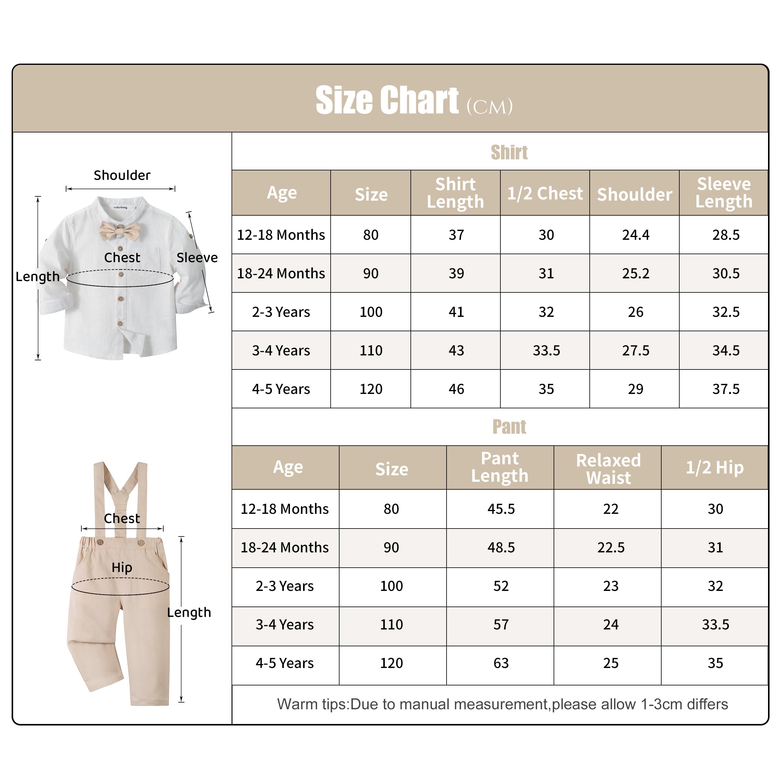 Volunboy Ensemble Costume Bébé Garçon, Coton Lin Cérémonie Formel Mariage 4 Pièces Noeud Papillon Chemise + Pantalon Bretelle