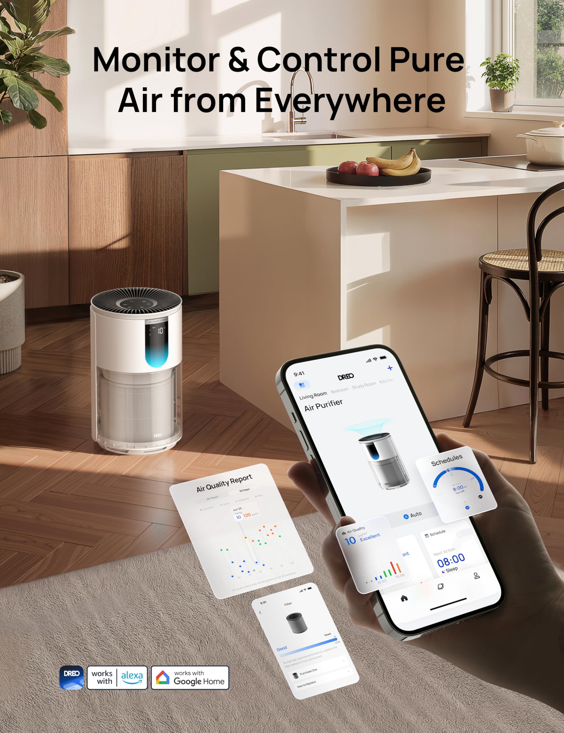 DREO Oczyszczacz powietrza do sypialni do 109 m², zapobiega powstawaniu zapachów, pyłków i dymu, z certyfikatem AHAM, filtr HEPA 3 w 1, czujnik PM2,5, monitor jakości powietrza, 18 dB, Wi-Fi, Alexa