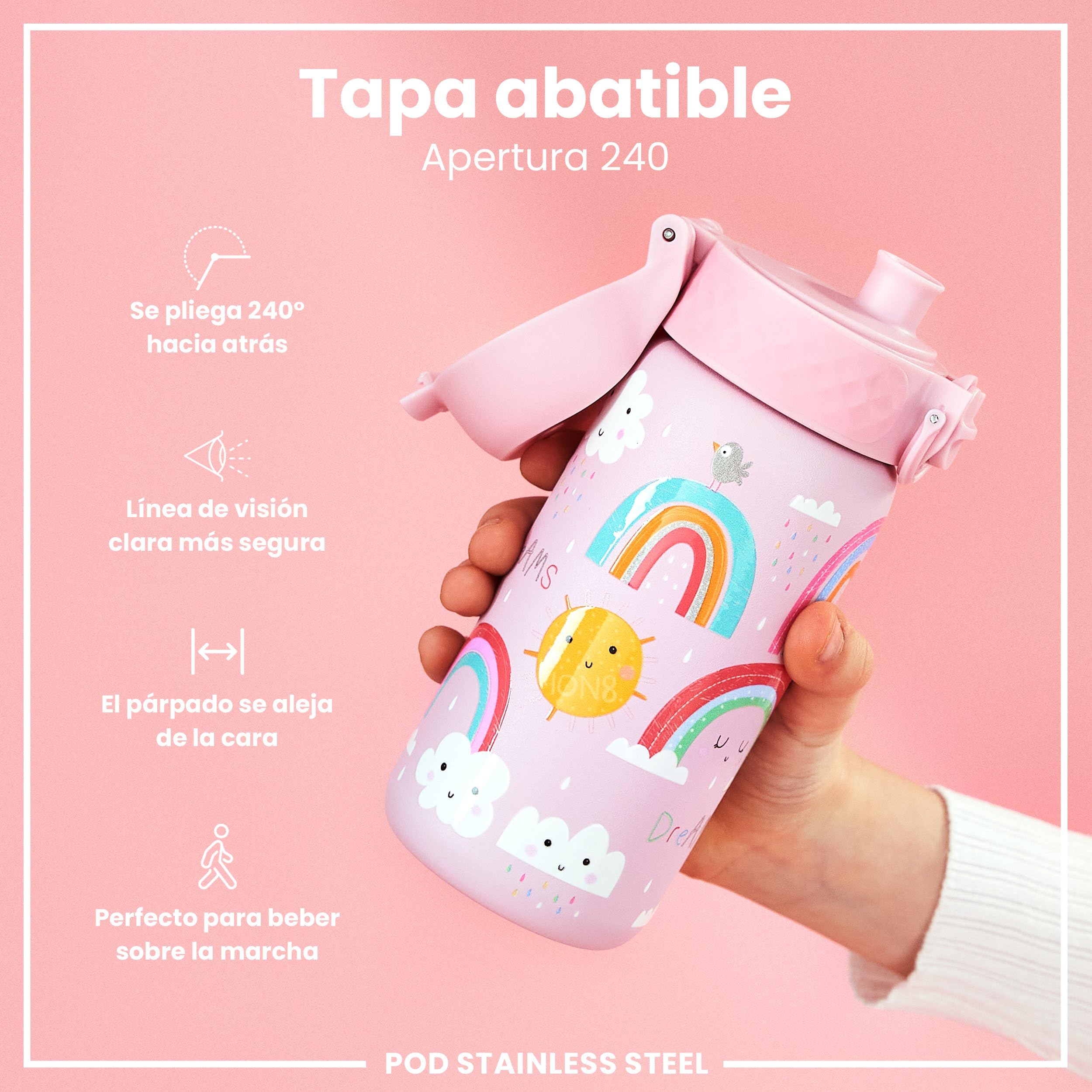ion8 Botella Agua Inox Ligero para Niños, 400ml, Sin Aislamiento, a Prueba de Fugas, Fácil de Abrir, Cerradura Segura, Apta para Lavavajillas, Tapa Abatible, Fácil de Limpiar, Arcoíris
