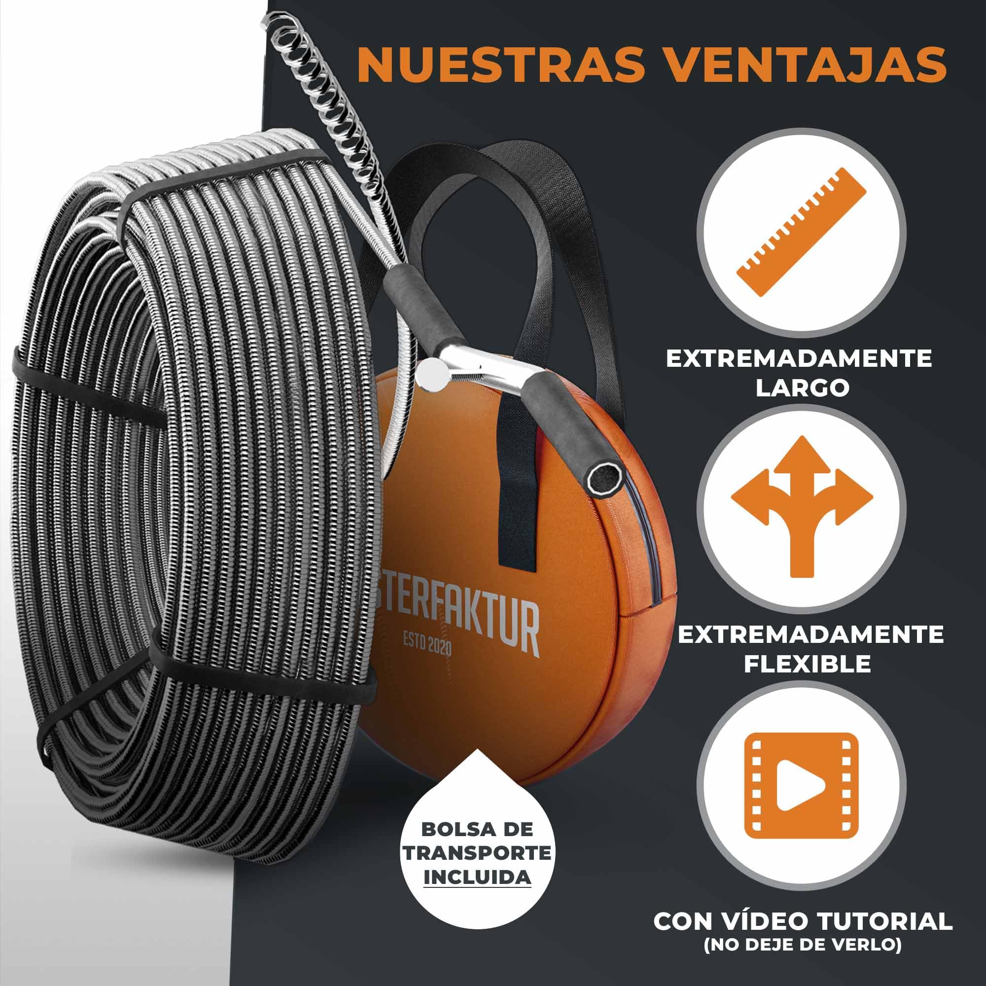 Meisterfaktur Desatascador Tuberias 3.0 [15 m] - muy Larga - Espiral para Desatascar Tuberias para Atascos Graves y Difíciles - ¡Limpiador de Desagües y de Tuberías para Aficionados al Bricolaje!