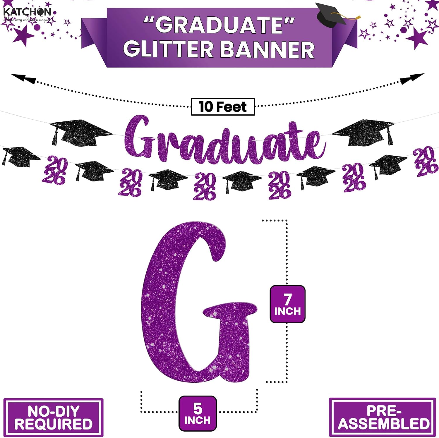 Glitter Purple and Black Graduation Decorations - 10 Feet | Pre- Strung, Congratulations Graduate banner | Black and Purple Graduation Decorations 2026 | Graduation Party Decorations 2026 - KatchOn