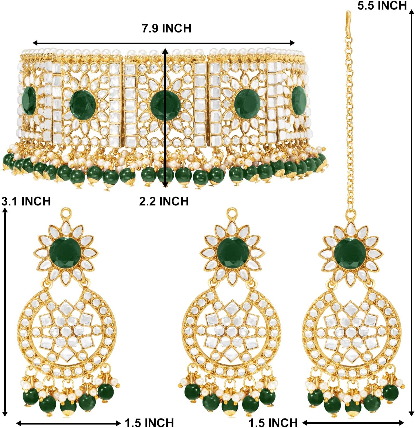 Aheli Faux Pearl Choker Necklace with Earrings Indian Traditional Bollywood Jewelry Set Gift for Women Green Stone