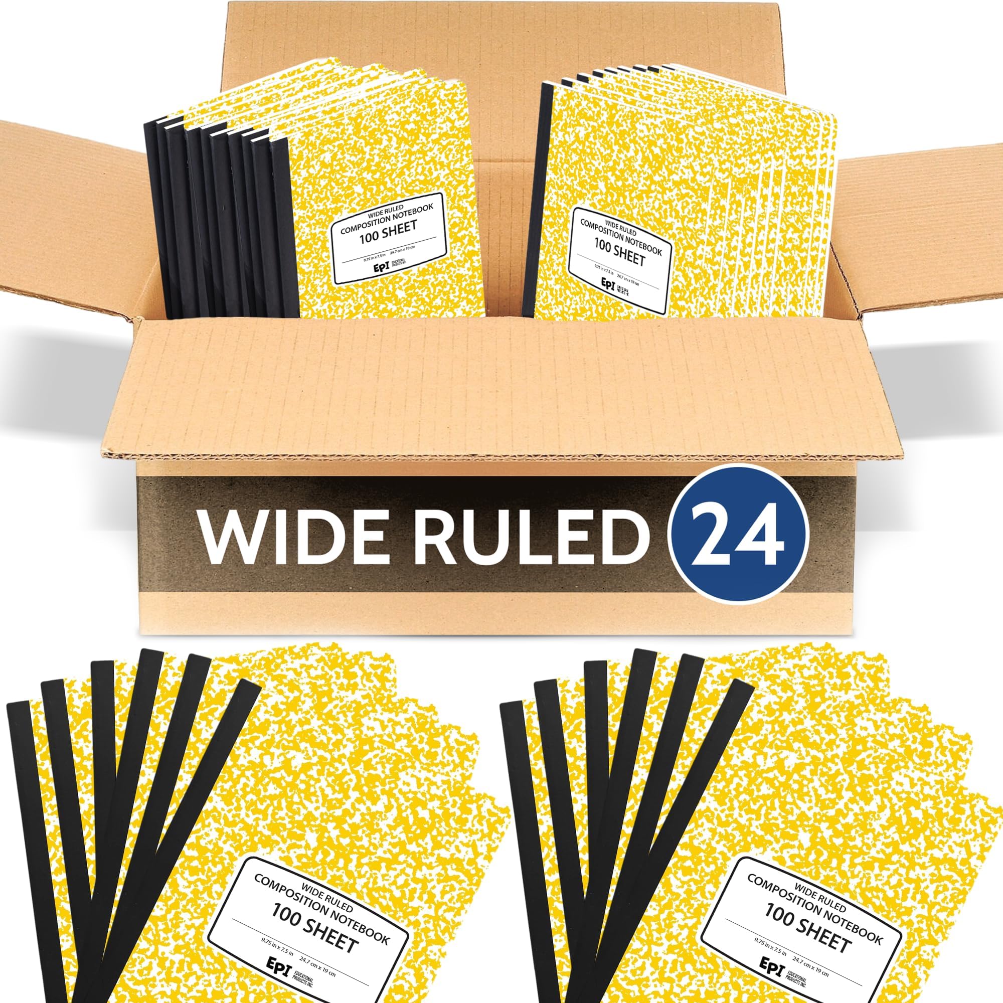 EPI 24 Pack - Yellow Marble Composition Notebook - Wide Ruled 200 Page Note Book - 9.75 x 7.5 Inch Hardcover Journal with Sewn Binding for Secure