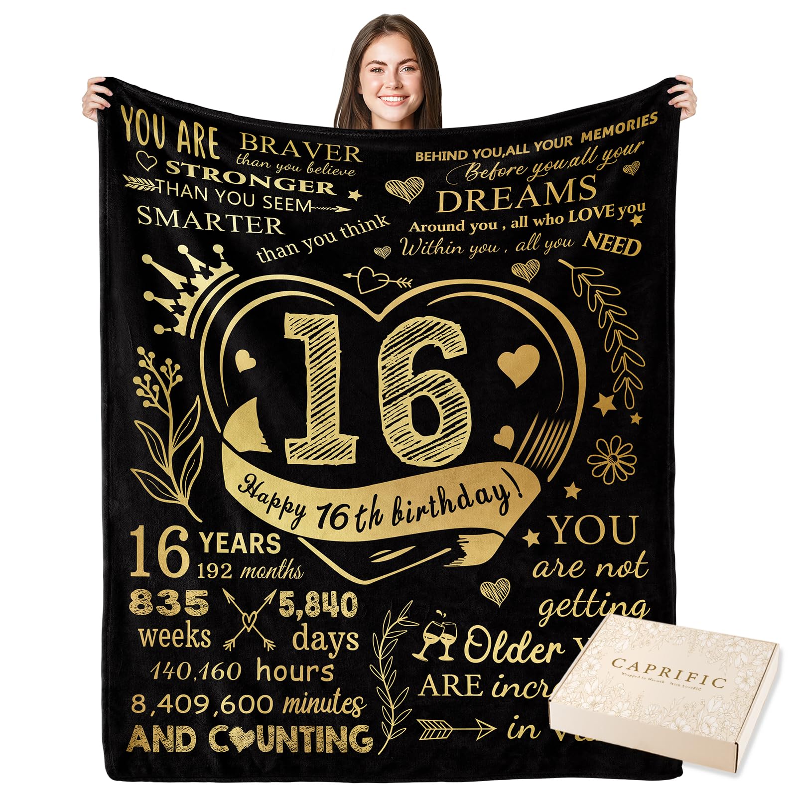 CAPRIFIC 16th Birthday Gifts for Girls, Sweet 16 Gifts for Girls, 16 Year Old Gift for Girl, Sister Birthday Gift, 16th Birthday Decorations Blanket 150x130cm(Gold)