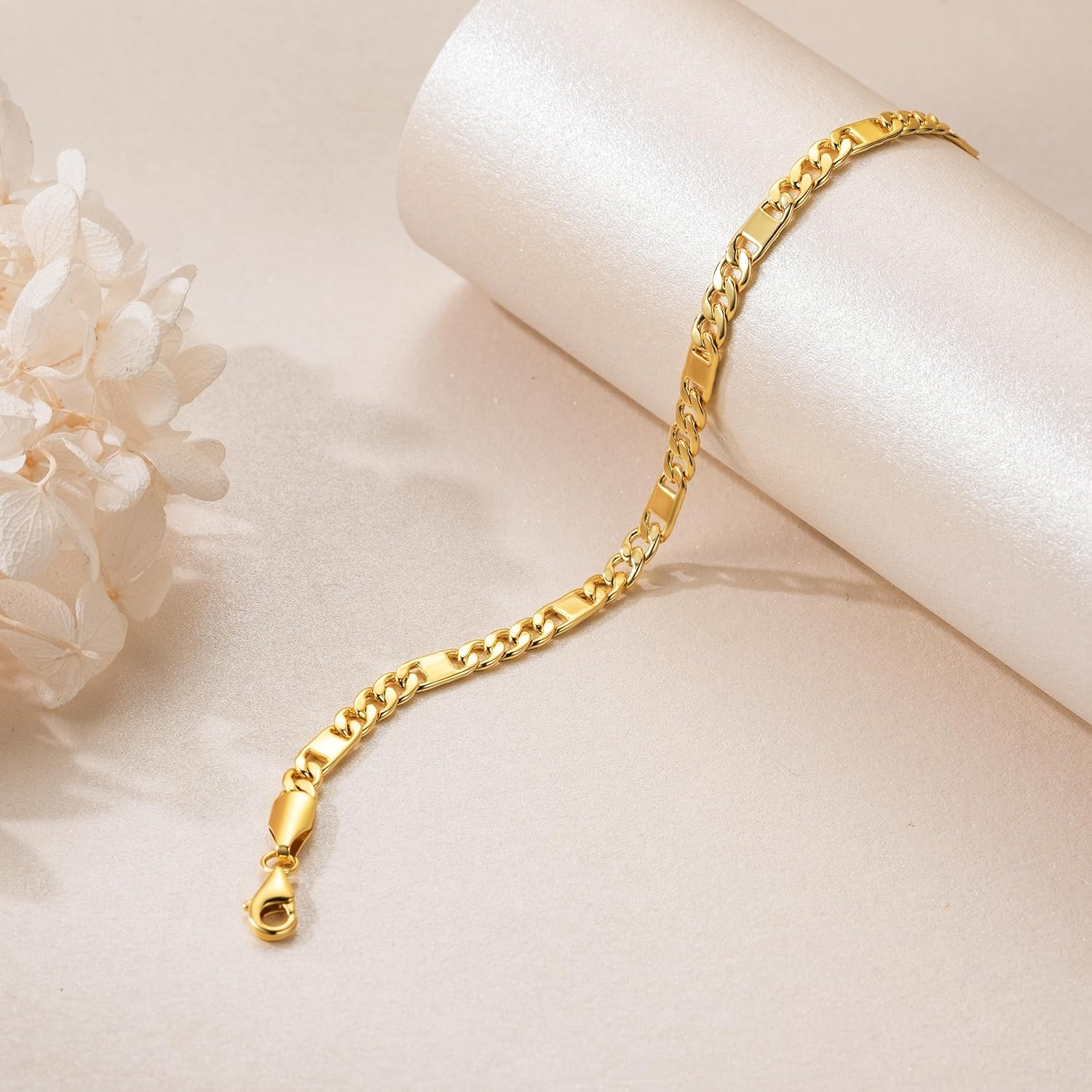 LOKFAM 14K Gold Bracelets for Women Mens Bracelet Flat Figaro Chain 14K Gold Chain Bracelet for Womens Trendy Stackable Bracelets for Women 5 Sizes - Image 6