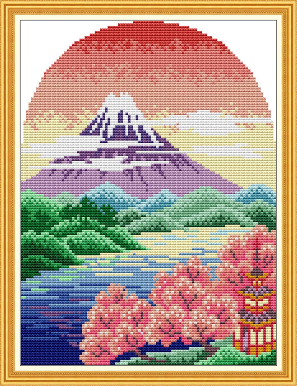 YEESAM Art Cross Stitch Kits Stamped for Adults Beginner Kids, Beautiful View of Mountain Fuji,Japan 11CT 32×40cm DIY Embroidery Needlework Kit with Easy Funny Preprinted Patterns Needlepoint