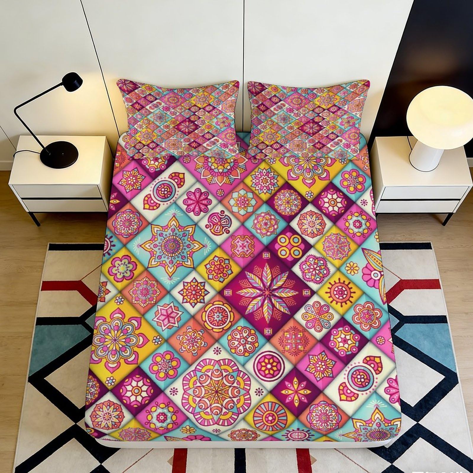 3D Printed Boho Mosaic Fitted Sheet Microfiber Colorful Mandala Bed Cover for Bedroom Dorm Mattress Decor 90x200x25cm