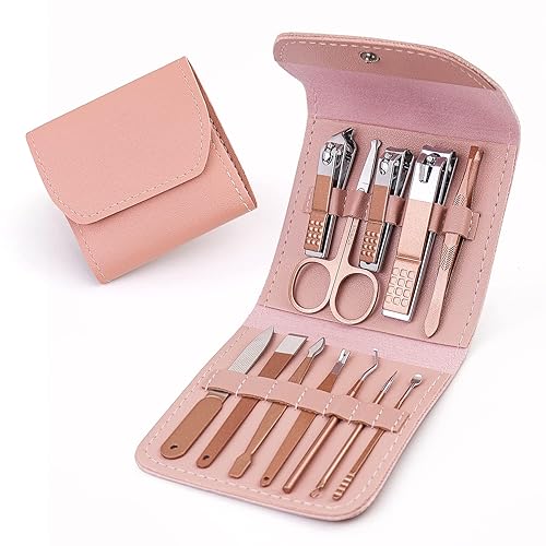 Juego de manicura 12 en 1 Kit de pedicura profesional cortaúñas Kit de manicura Kit de viaje para mujeres - Rosa