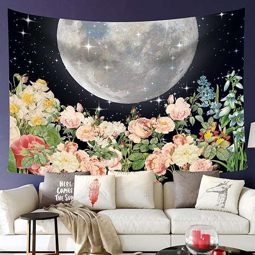 Color Duty GTXPCD556 - Tapiz bohemio de plantas florales para colgar en la pared, 80 x 60 pulgadas, luna, estrella, cielo, bohemio, acuarela,