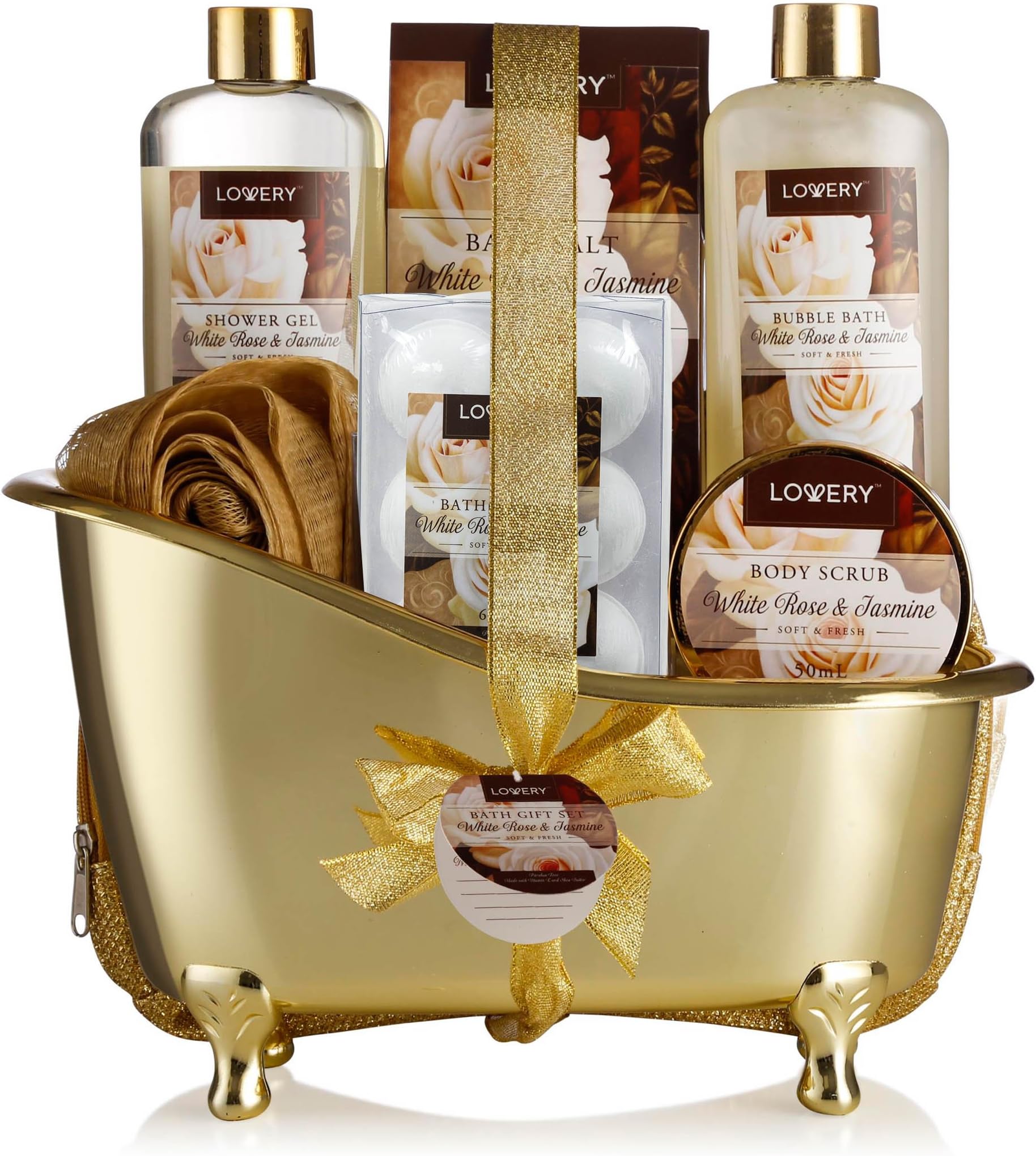 Mothers Day Gifts for Women Home Spa Gift Basket, 13pc Bath & Body Set Men & Women, White Rose & Jasmine Scent - Shower Gel, Bubble Bath, Body Scrub, Salts, 6 Bath Bombs, Pouf, Cosmetic Bag & Gold Tub