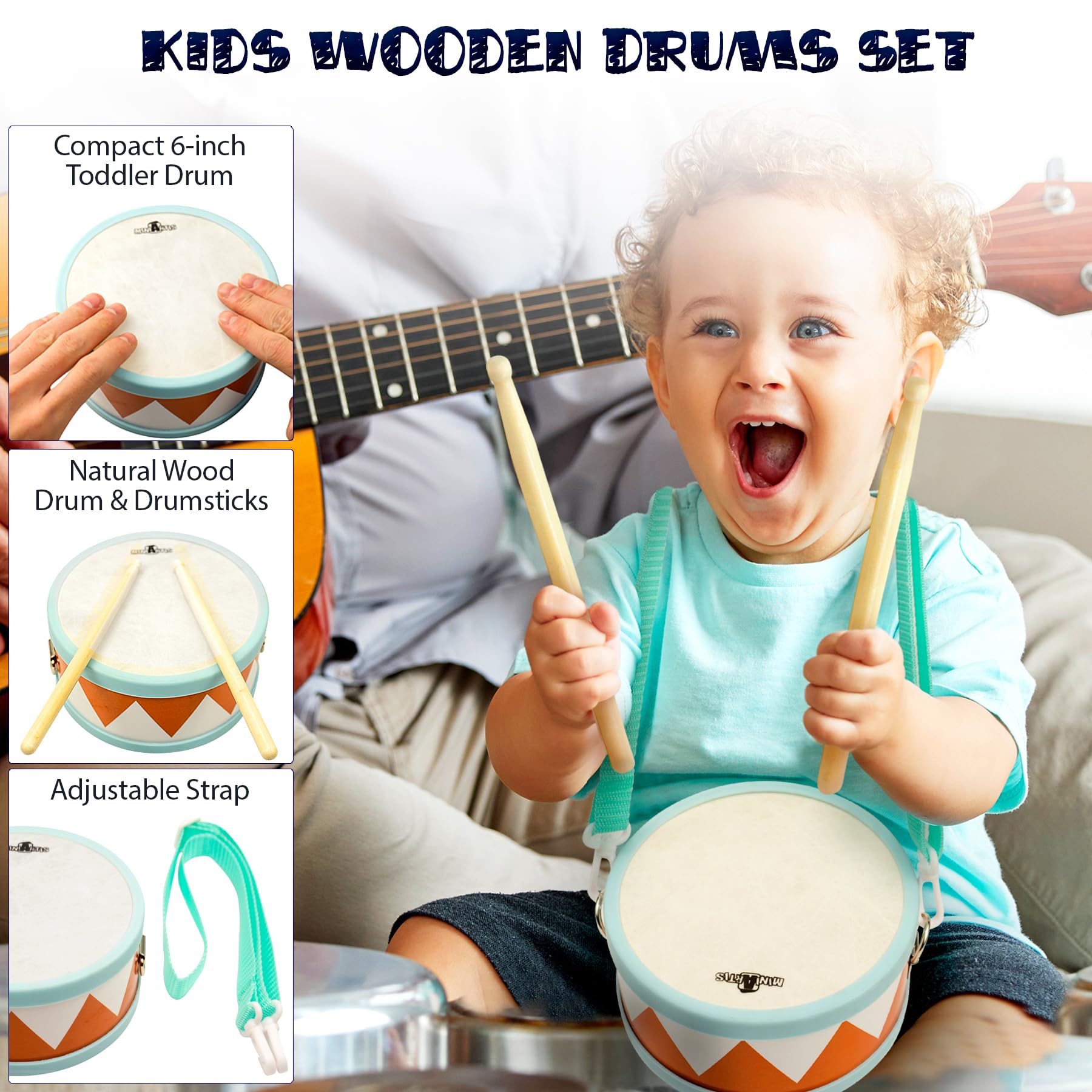 Instrumentos musicales para niños pequeños – Juguetes musicales de madera Montessori para niños pequeños de 1 a 3 años | Juego de batería para bebé bohemio moderno con instrumentos de 4