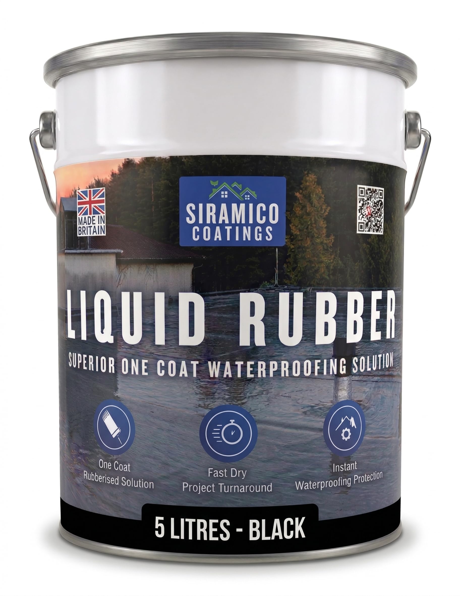 Siramico Coatings Liquid Rubber Roof Coating | 5 Litres | Instant Leak Seal Technology I Quick Drying, One Coat Waterproofing Sealant | Black, Grey & Clear (Black, 5 Liters)