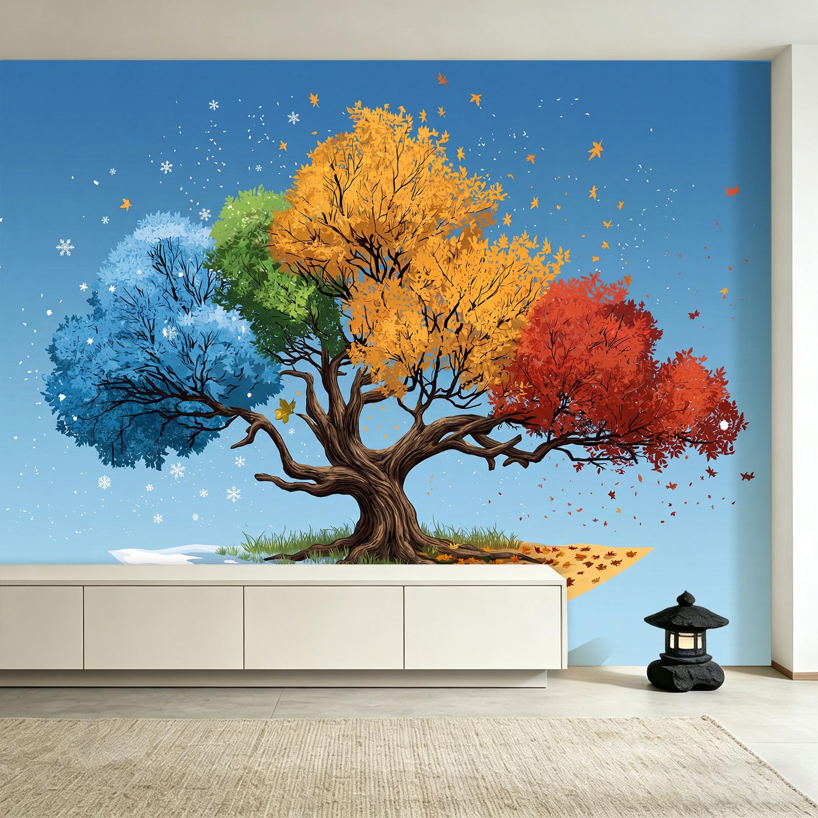 Obraz ścienny botaniczny, minimalistyczny, 200 x 140 cm (szer. x wys.), płatek śniegu, drzewo pory roku, liście, fototapeta, dekoracja ścienna, tapeta z włókniny do salonu, sypialni i pokoju