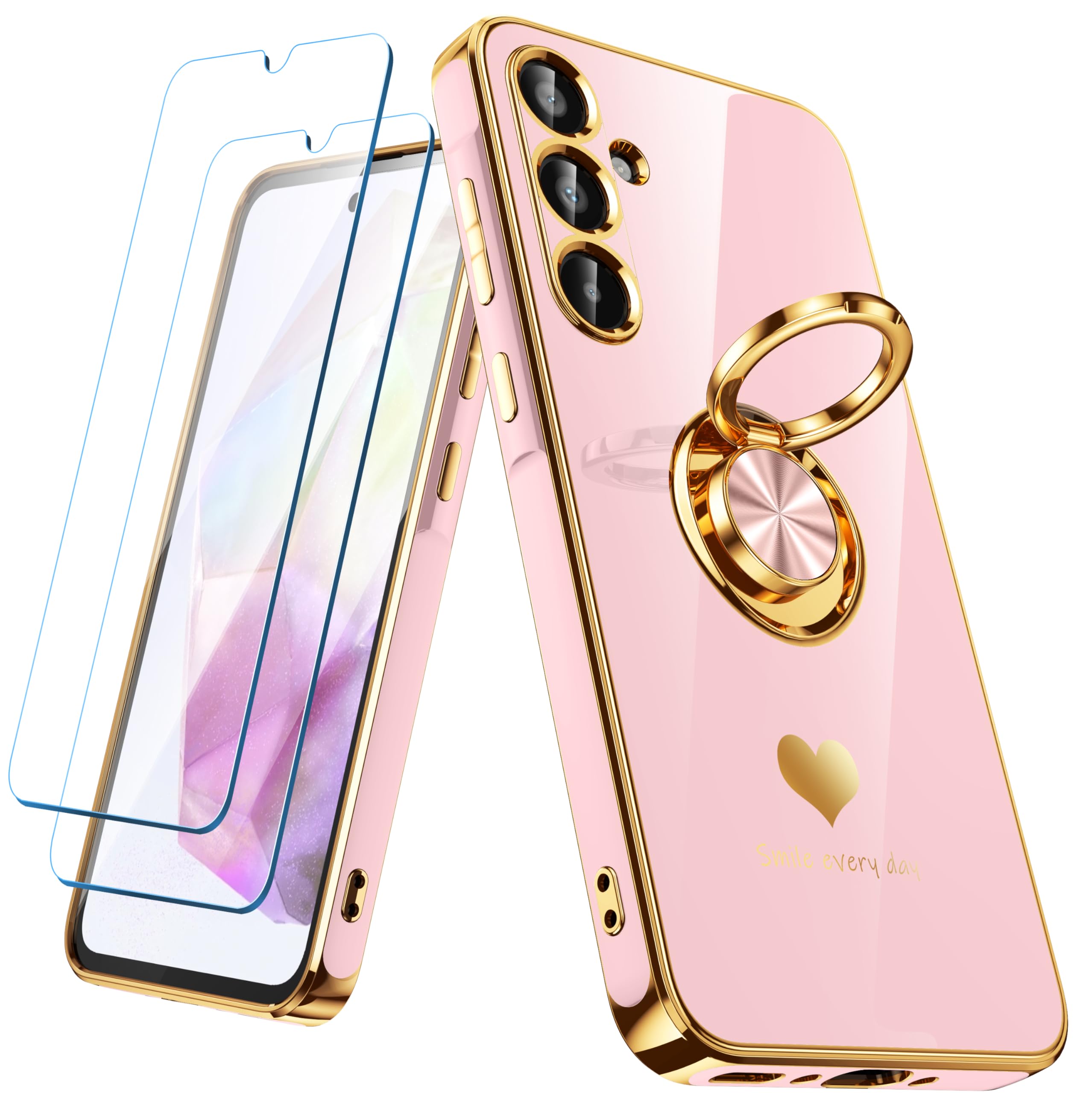 Nonional for Samsung Galaxy A35 5G Case with 2 Pack Screen Protector, 360° Rotatable Ring Holder [Luxury Hearts Pattern] Plating Gold Edge Slim Soft