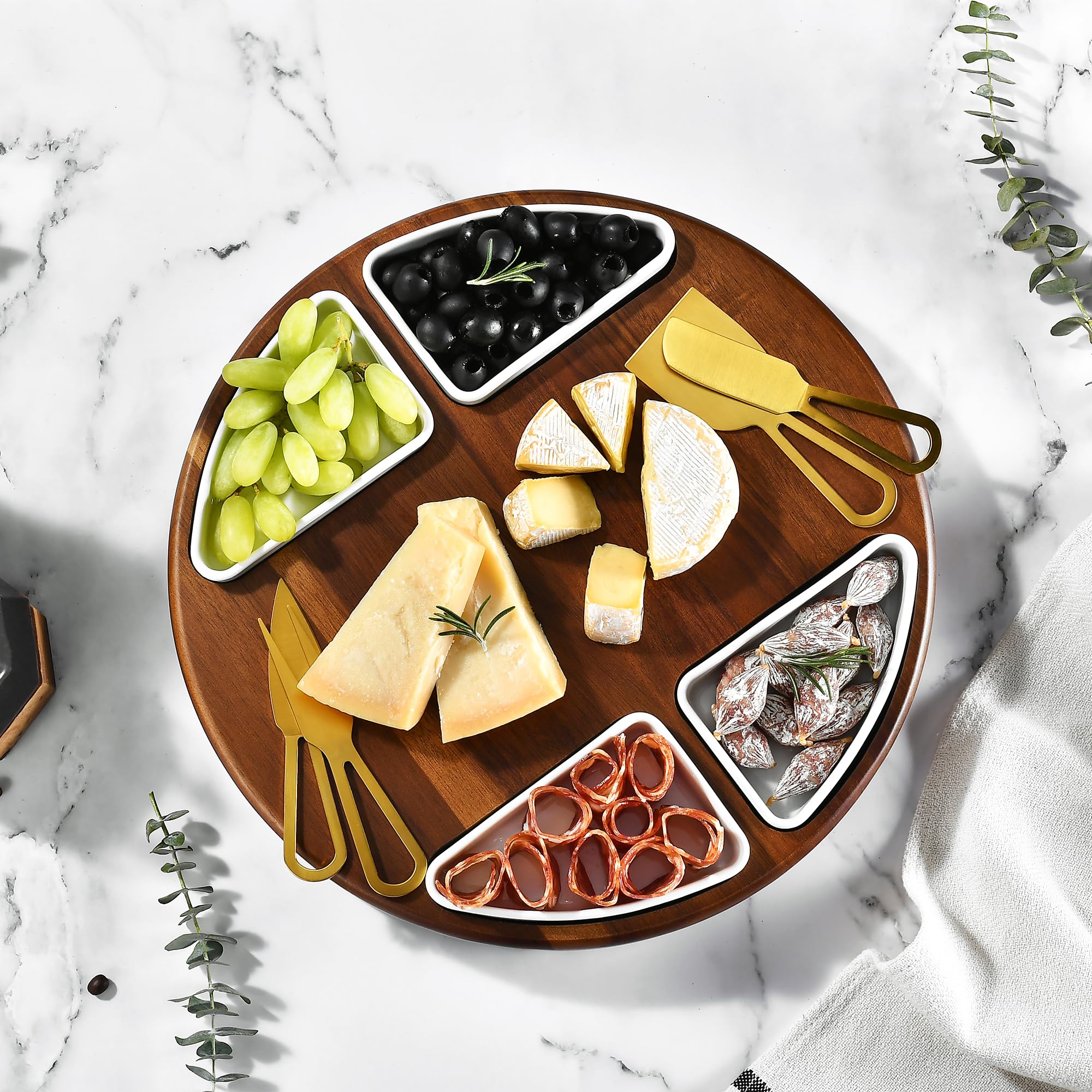 Juego de tablas de cortar de queso Lazy Susan mejoradas, tabla redonda de acacia para embutidos con 4 cuencos de cerámica, regalos de boda, plato para servir queso, despedida de soltera 3