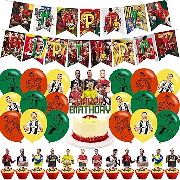 Ronaldo Soccer Party Decorations,Football Star Team Birthday Party Supplies For Soccer Party Supplies Includes Banner - Cake Topper - 24 Cupcake Toppers - 18 Balloons