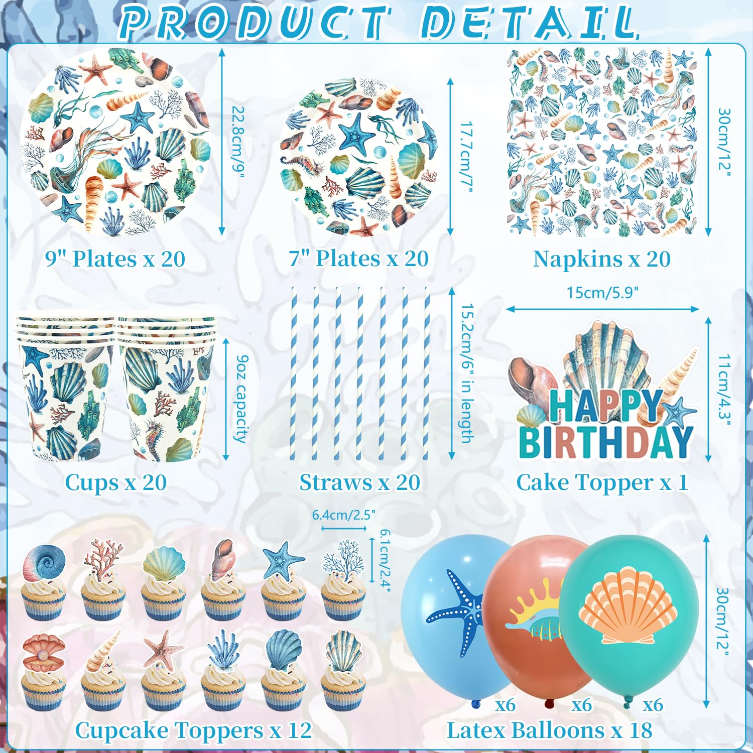 Decorazioni di compleanno a conchiglia – accessori per feste tra cui striscioni, piatti, decorazioni per torte, bicchieri, tovaglioli, palloncini, tovaglioli, tovaglioli, tovaglia – per 20