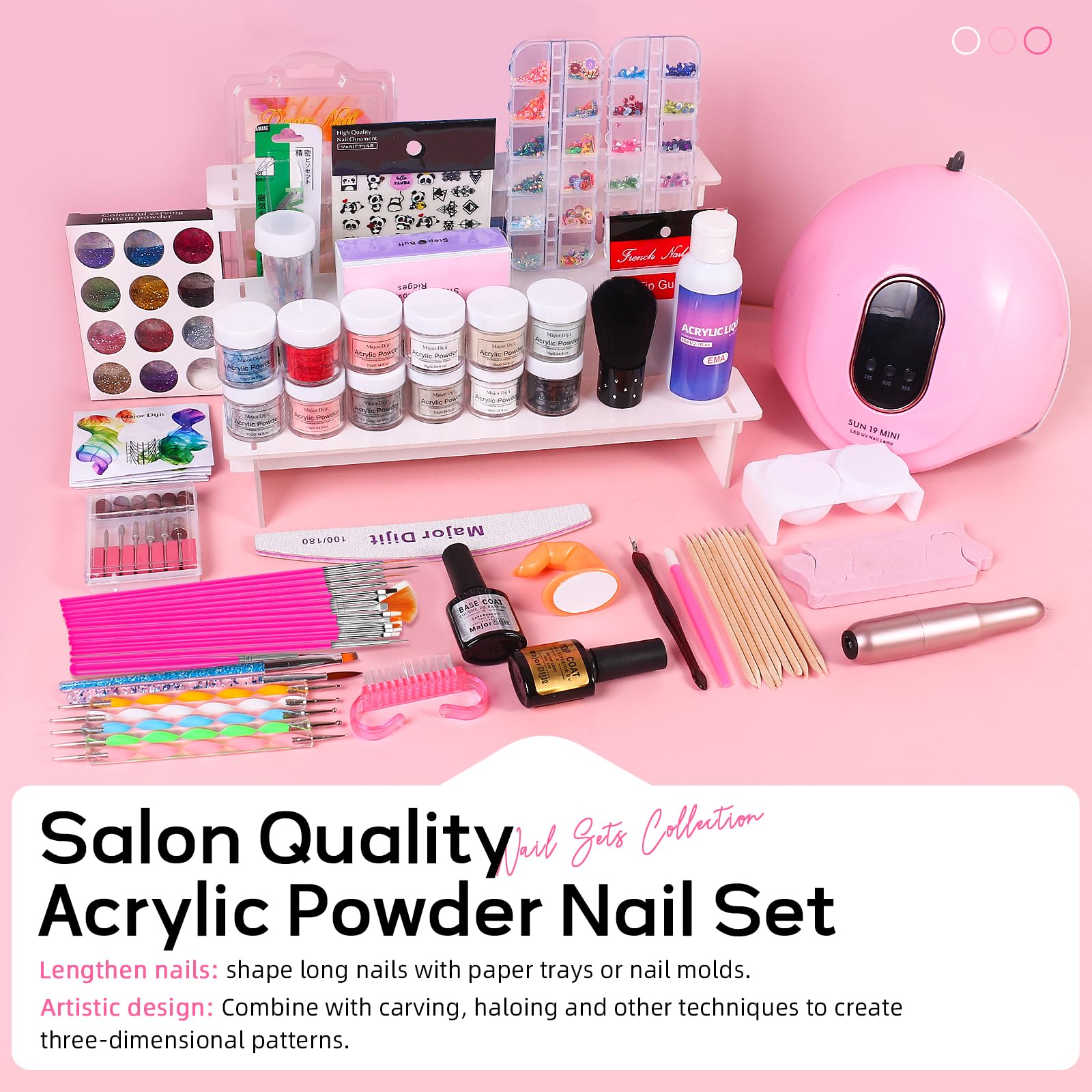 Major Dijit Acryl Nagel Set Komplett-Set mit LED Lampe & Elektro-Feile – 12 Farben Pulver+Monomer, Base-/Topcoat, Tips/Glitzer/Charms | All-inclusive Anfänger-Set mit Zubehör