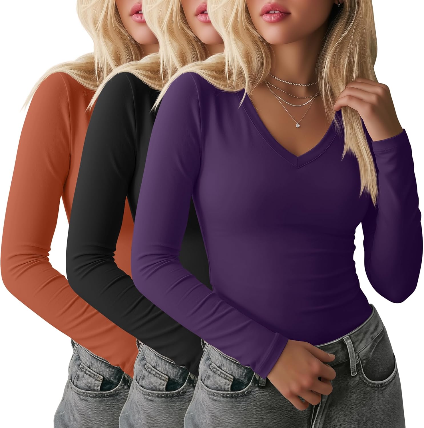 Ficerd 3 Pack Women’s Long Sleeve Shirts, V Neck Basic Tees Slim Fitted Casual Fall Tops Going Out Blouses T Shirts