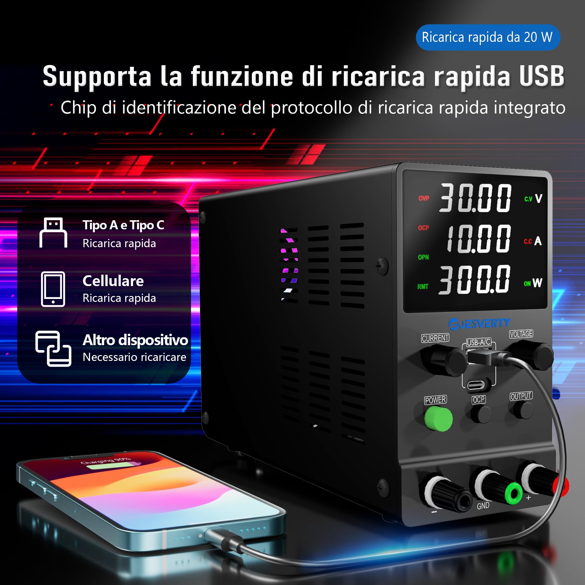 Alimentatore da banco regolabile 0-30V 0-10A SPS-3010M con ricarica rapida USB Type-C 20W
