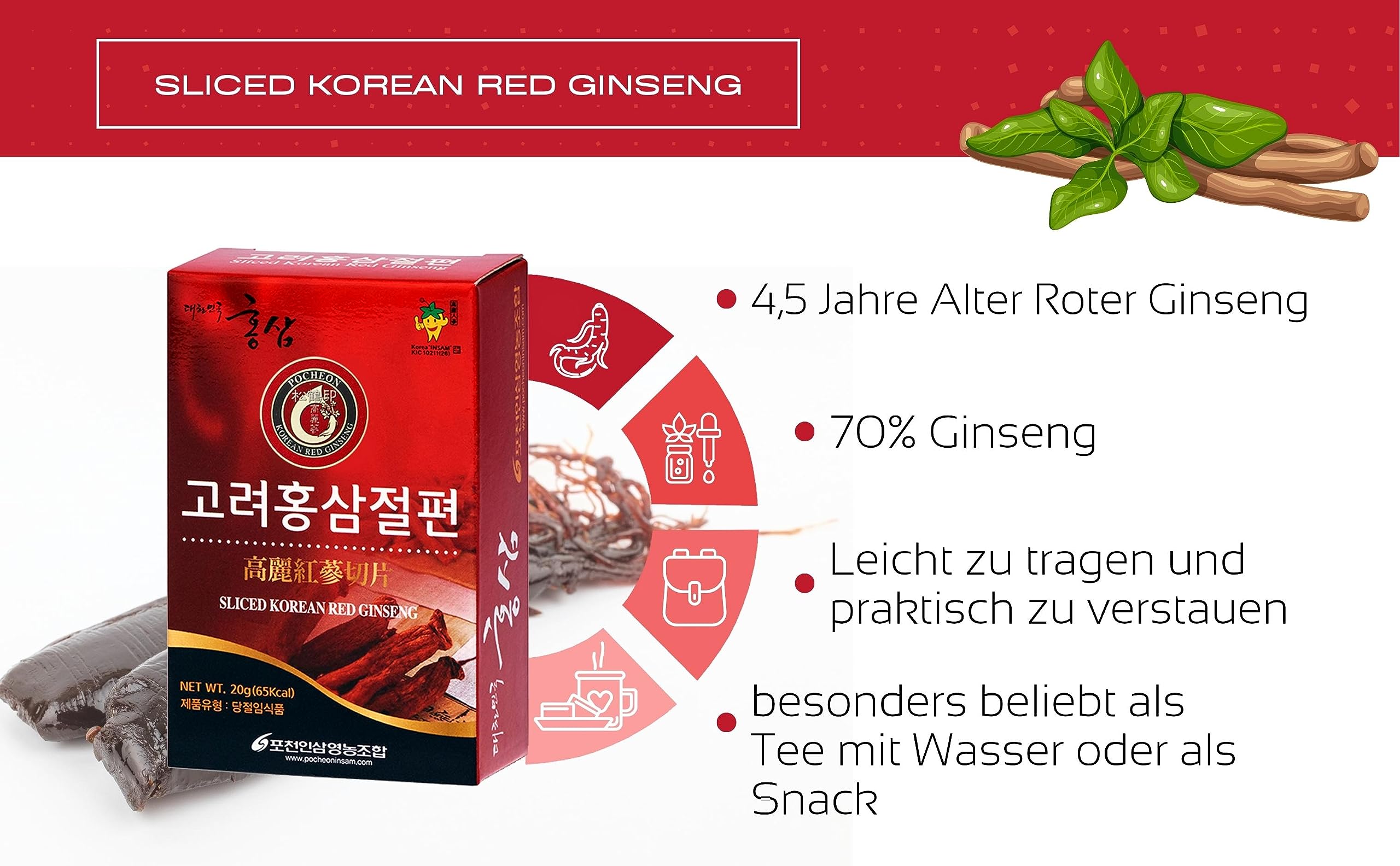 Pocheon koreański czerwony żeń-szeń w plasterkach 200 g (20 g x 10), koreański 4,5 roku panax żeń-szeń, naturalne wsparcie odpornościowe, dostępna jako herbata