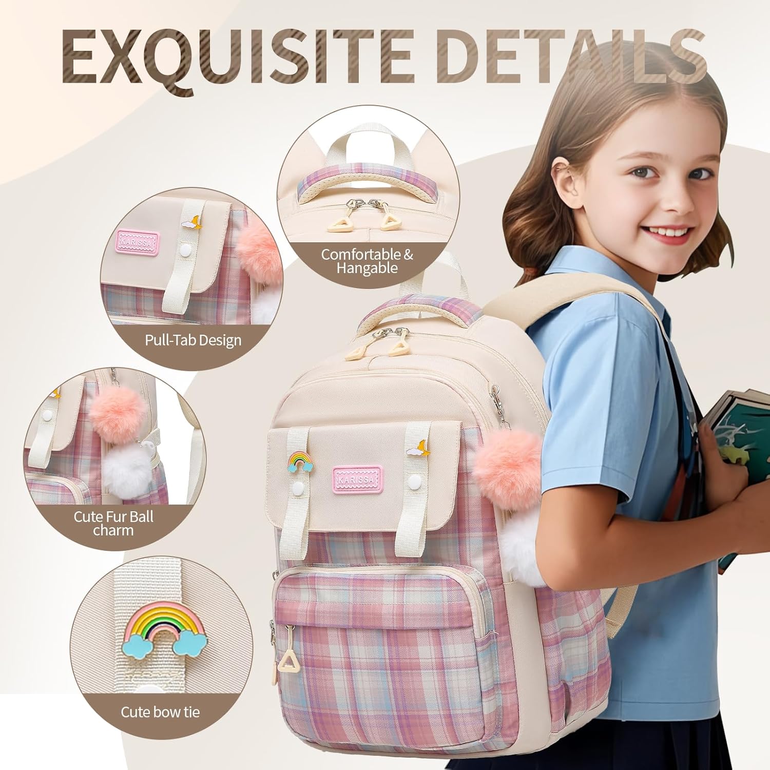 Teen Girls Backpack Aesthetic Laptop Bookbag Elementary Middle School Travel Daypacks Mochilas Escolares Beige - Image 6