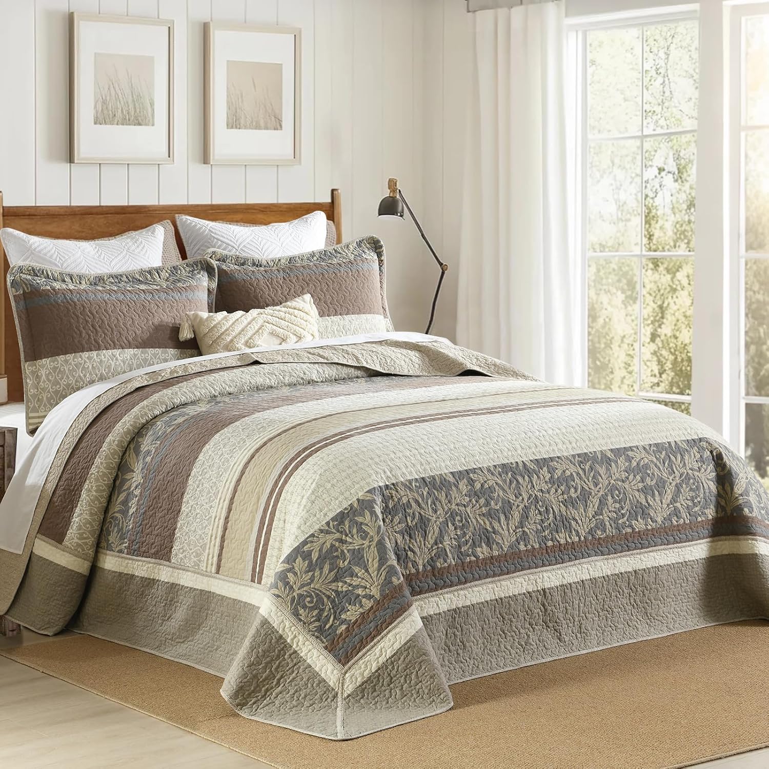 oversized king bedspreads 128x120 extra wide - vintage botanical striped farmhouse california king quilt set, 3-piece lightweight thin comforter coverlet set, cal king, beige/brown beige/brown/gray cal king(128"w x 120"l)