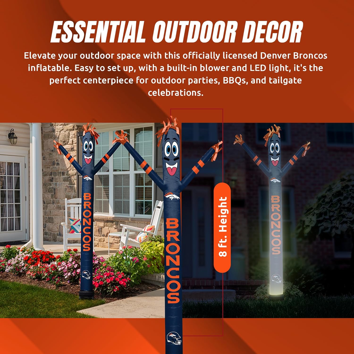 Sporticulture NFL Football Denver Broncos Wacky Waving Inflatable Tube Guy with LED Lights & Built-in Blower Air Wacky Dancers NFL Inflatable Tube Man Crazy Sports Fan Outdoor Party Decoration