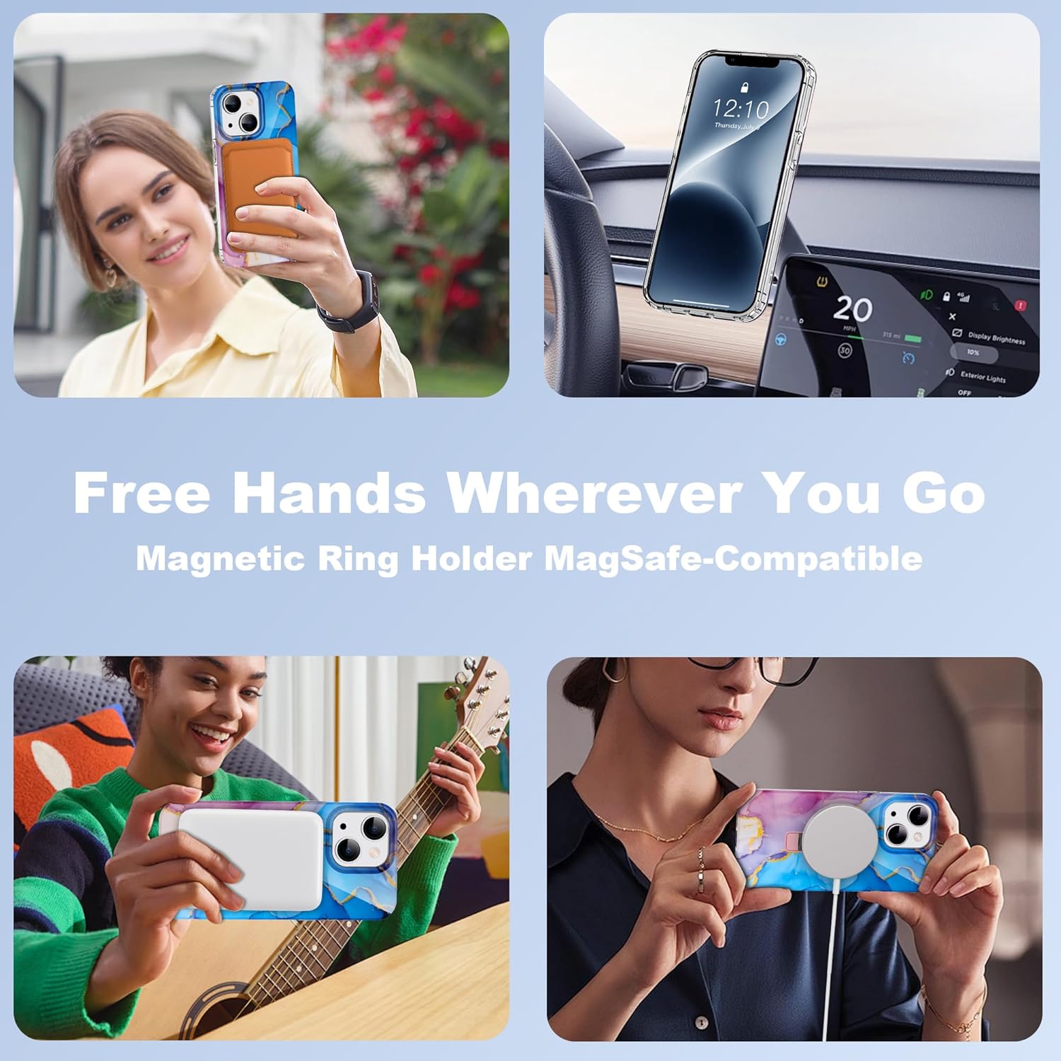 Compatible with iPhone 13/14 Case Marble Pattern with Magnetic Ring Stand [Compatible with Mag-Safe] TPU Protective Phone Case for iPhone 13/14 6.1" for Women, Marble Purple Blue