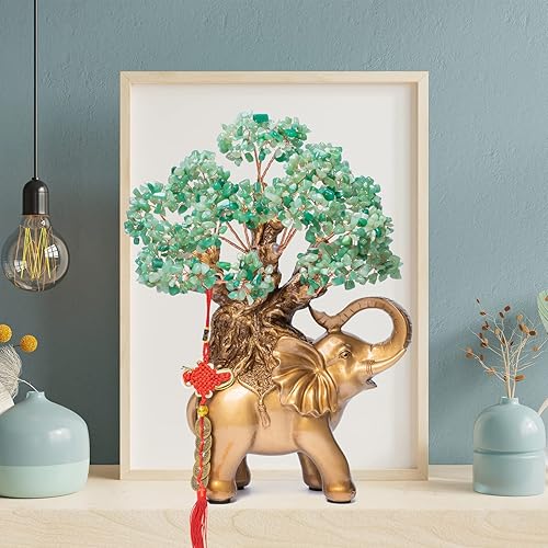 Miniatura 7 de Árbol de dinero de cristal de aventurina verde sobre estatua de elefante dorado, árbol bonsái grande de 17 pulgadas, decoración del hogar, regalos
