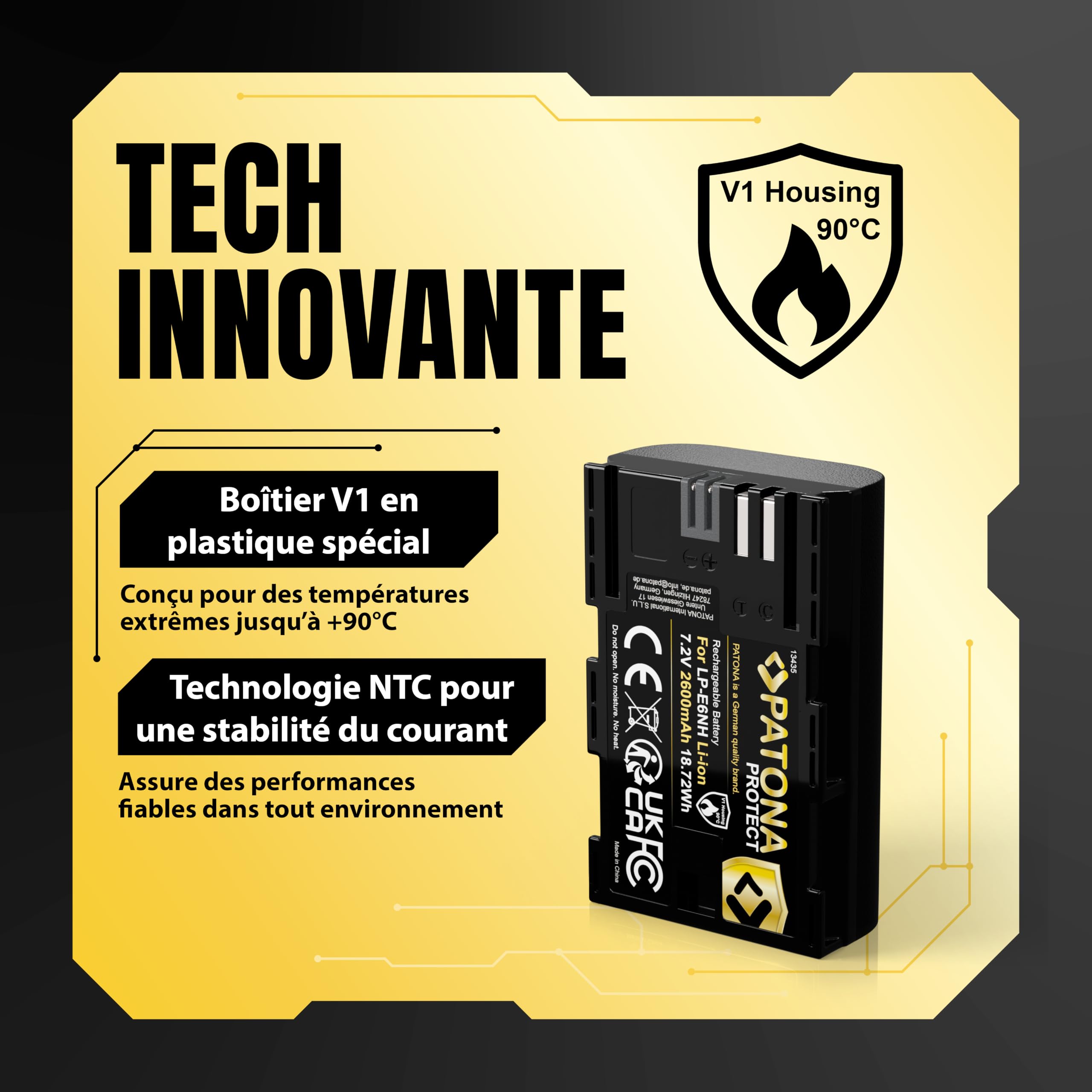 PATONA 2X Protect Batterie pour Canon LP-E6NH LP-E6 2600mAh 7.2V