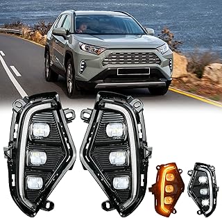 LED Daytime Running Lights Fit for Toyota RAV4 2019 2020 2021 2022 2023 DRL Fog Lights Kit Rav4 Fog Lights Assembly Replace Amber Turn Signal Lamps 3 Eyes RAV4 DRL Daylights with Bezel 2pieces