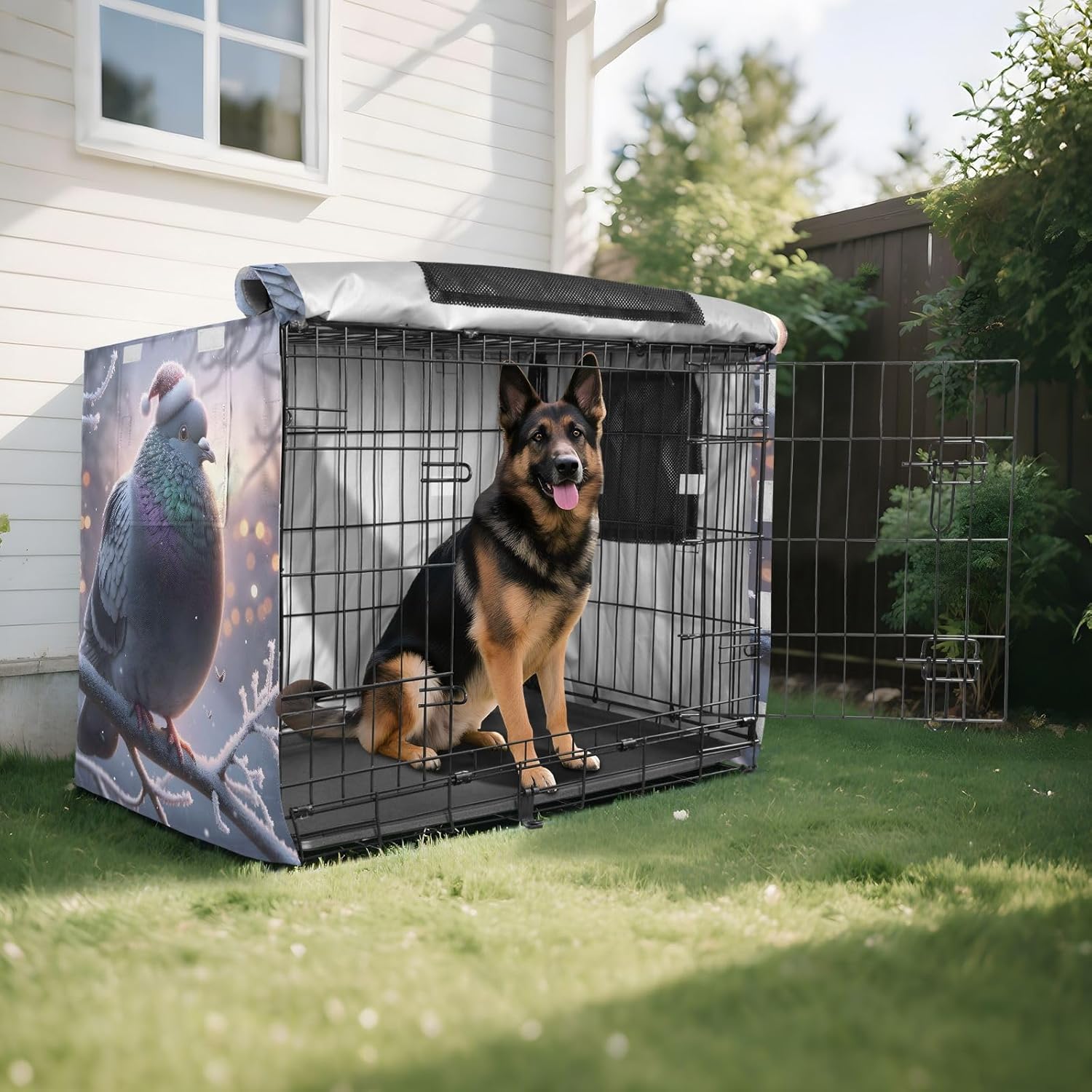 Christmas Pigeon Pet Kennel Cover with Mesh Windows, Washable Water-Resistant Dog Crate Cover, X-Large