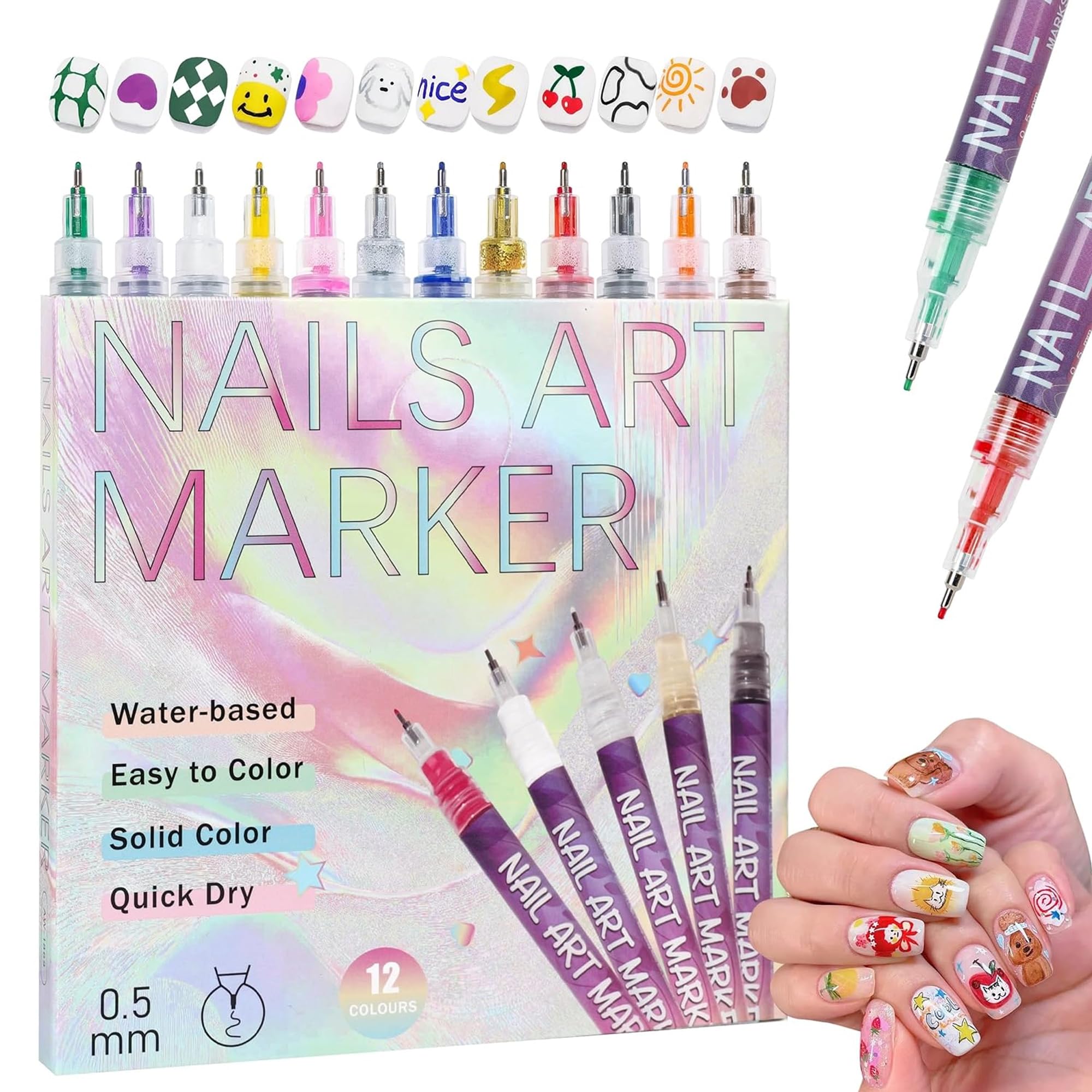 Kidology 12 Colors Nail Art Pens Set | 0.5mm Ultra Fine Nail Art Marker Pens | Quick Dry Waterproof Nail Polish Pens for DIY Nail Painting | Nail Art Kit for Women & Kids