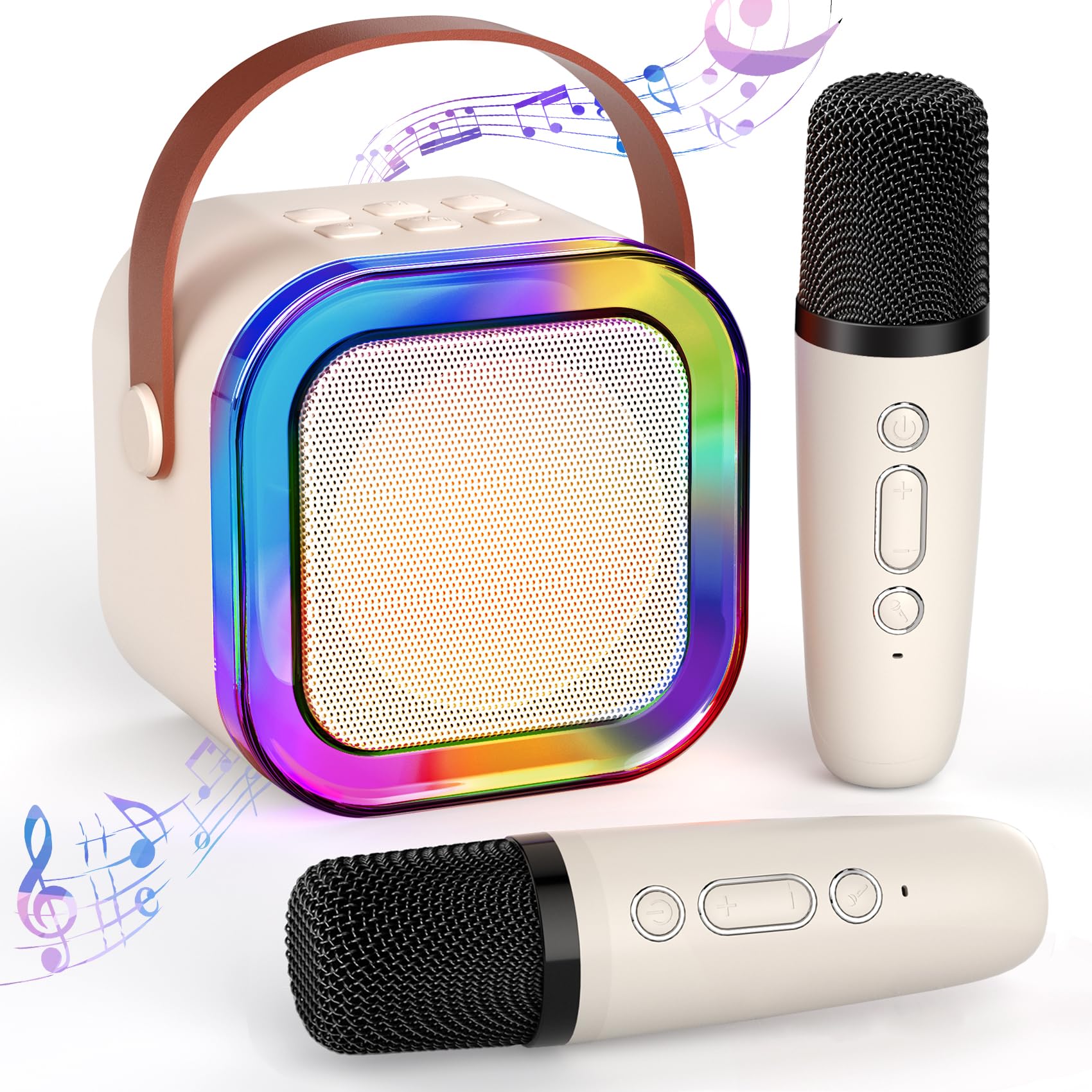 Mini Karaoke Machine for Kids Ages 2-12, Portable Bluetooth Karaoke Speaker with LED Party Lights & 2 Wireless Microphones, Perfect Birthday & Holiday Toys Gifts for Girls Boys (White)