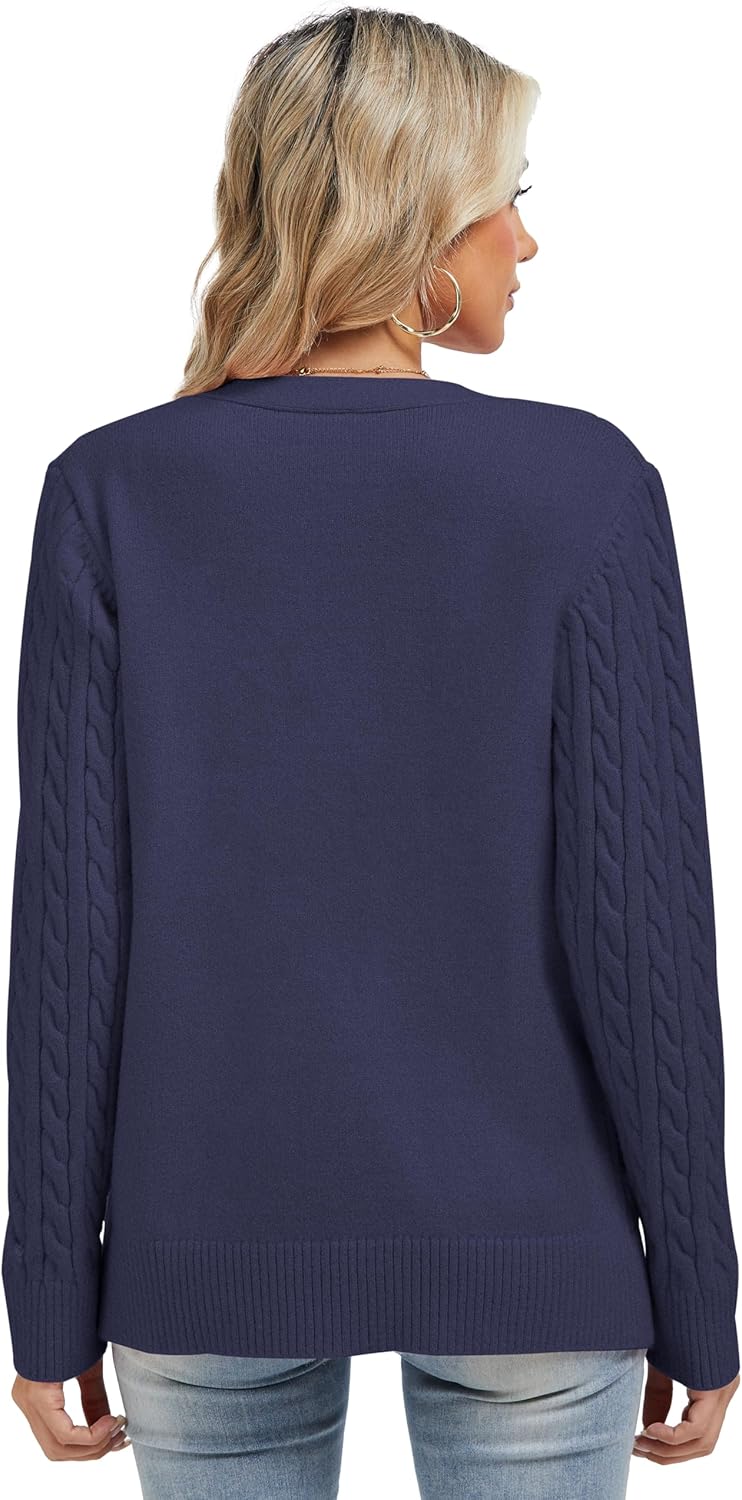 QUEZHU Women's Cable-Knit Cardigan Sweater V-Neck Winter Warm Cardigans - Image 6