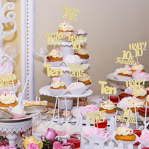 Miniatura 6 de Gyufise 30 piezas de decoración para cupcakes de feliz décimo número 10 con purpurina para decorar cupcakes de 10 años decoraciones para tartas de