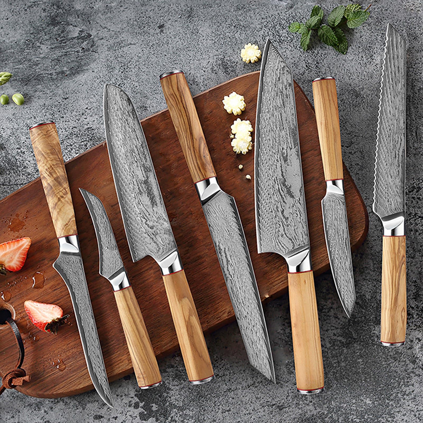 7-Piece Damascus Chefs Knife Set VG10 Core 67-Layer Japanese Kitchen Knives with Olive Wood Handle Ultra Sharp Blade
