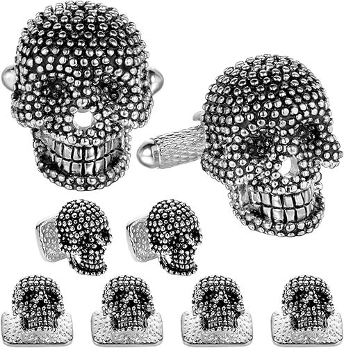 Cufflinks for Men with Tuxedo Studs in Gift Box, Gold or Silver Tone Skull Cuff links for Black Bow tie Navy Blue Suit White Shirts Mens Jewelry or