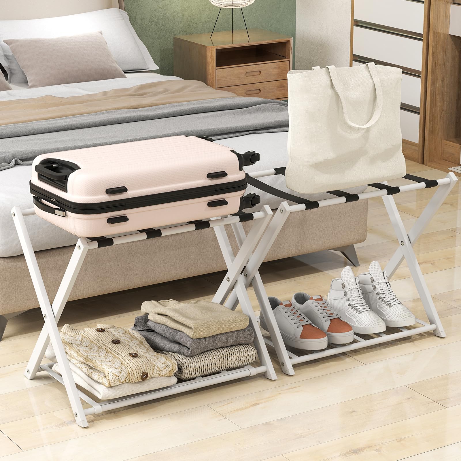 GIANTEX Kofferständer Klappbar, 2-Stöckige Kofferablage Metall, Gepäckablage Gepäckständer Hotel Gästezimmer, Kofferbock Klappbar Platzsparend, Weiß + Schwarz, 68x 45 x 57 cm