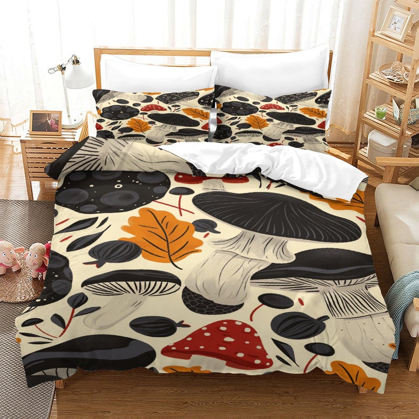 P1S9U7W5Y 3D Printed Mushroom Forest 3pcs Microfiber Autumn Leaf Duvet Cover Bedding Set Single
