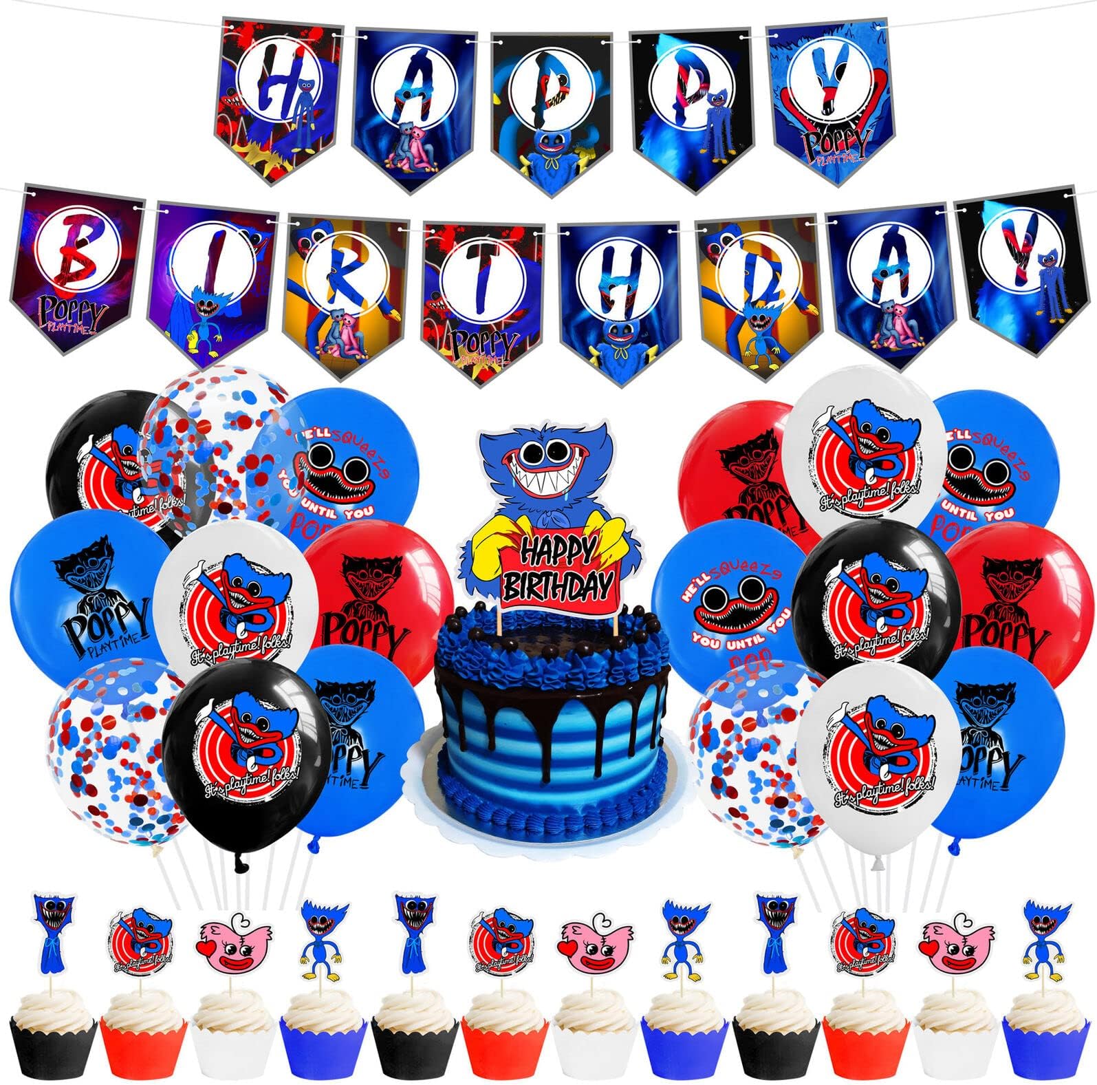 Poppy-Playtime Huggy-Wuggy Birthday Party Balloons Banner Cake Topper Set Decor