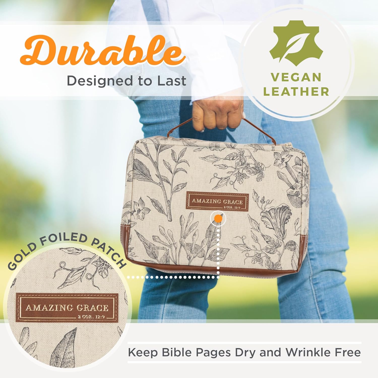 Christian Art Gifts Women's Premium Natural Canvas Vegan Leather Fashion Bible Cover: Amazing Grace - Inspirational Scripture, Sturdy Protective Book Carry Case Accessory, Creamy Brown Floral, Large thumbnail